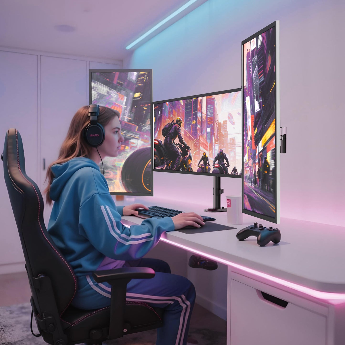 PUTORSEN Triple Monitor Mount for 13-27" Screens, 3-Screen Desk Mount with Full Motion & Height Adjust, Ergo Arm Holds 10kg (22lbs), VESA 75/100mm, Tilt/Swivel/Rotation, Clamp for Home/Office/Gaming