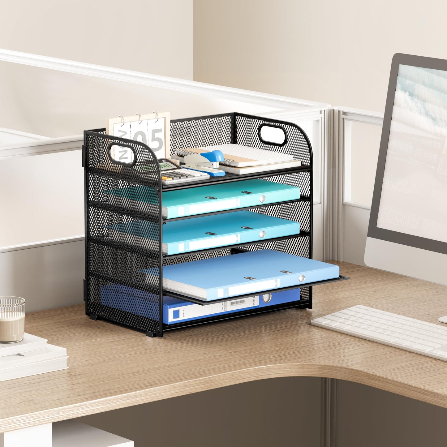 5 Tier Paper Desk Organizer with Handle and 1 Pcs Slideable Letter Tray, A4 Paper File Folder Sorter Metal Mesh Organizer for Home Office School Desk Supplies Organization Storage - Black