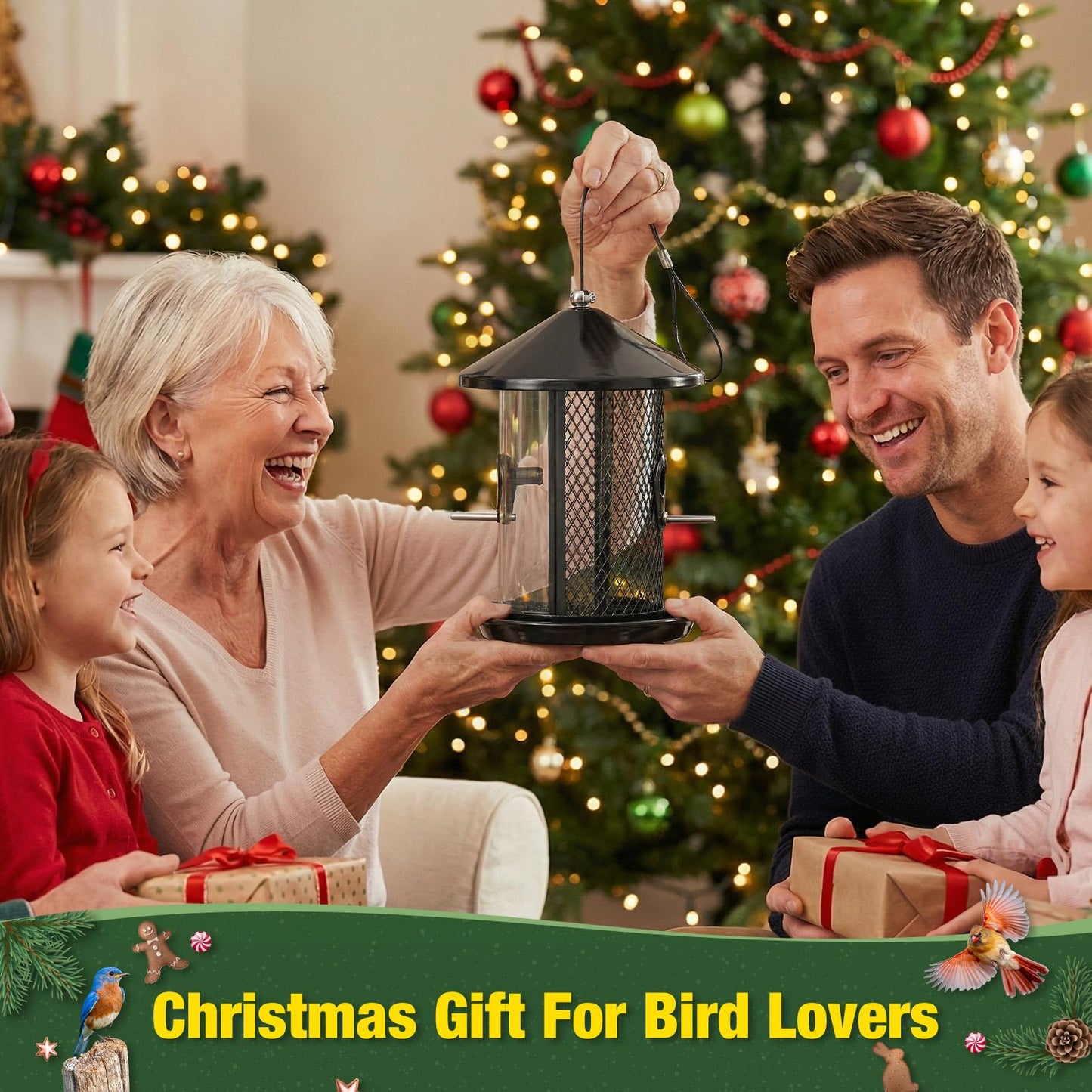 Kingsyard Metal Bird Feeder for Outdoor Hanging - Chew Proof Wild Bird Finch Cardinal Feeder with Dual Chamber of 4 lbs Capacity for Bluebird, Black