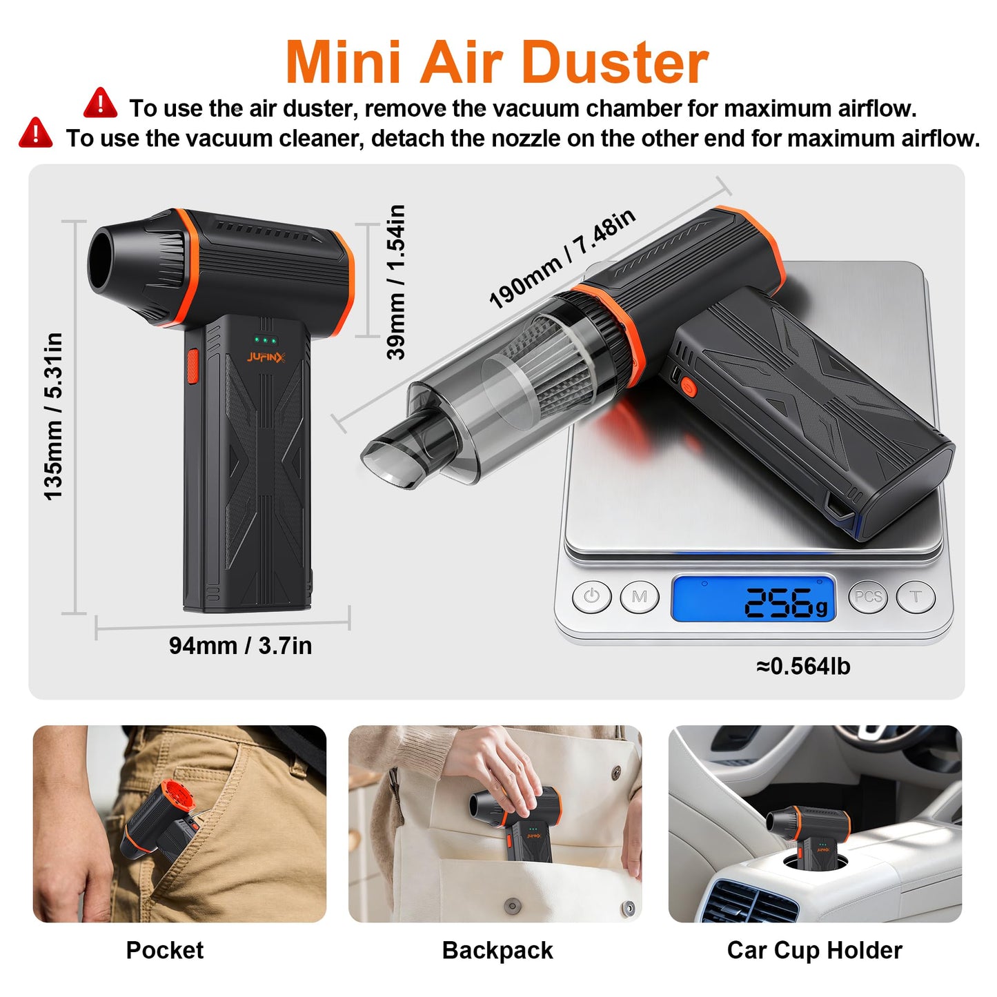 JUFINX F32MAX Compressed Air Duster-150000RPM Super Power Electric Air Duster and Vacuum Cleaner & Bag Vacuum Sealer 3-in-1,for PC Keyboard Cleaning, Car Interior Cleaning.