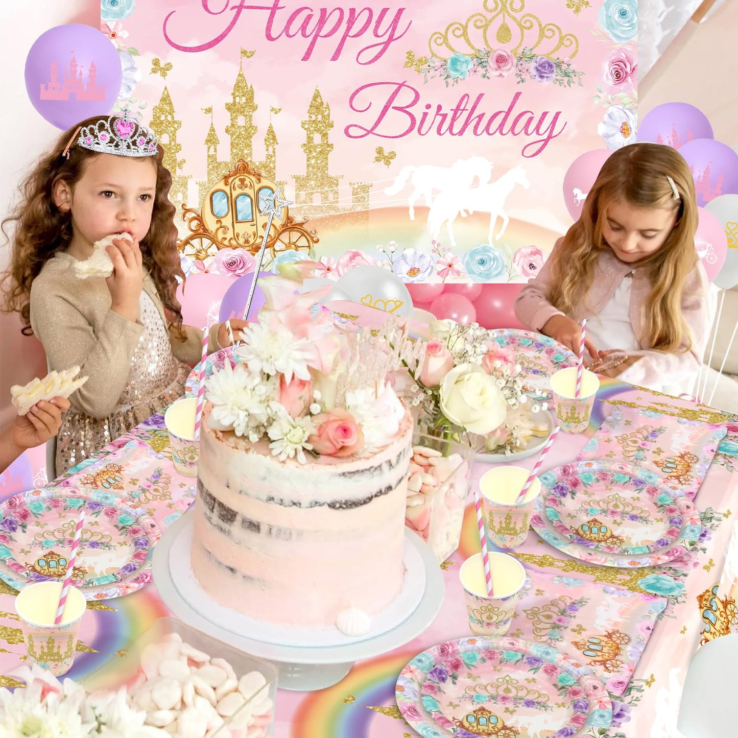 Princess Birthday Party Supplies, Includes Backdrop Banner, Plate, Napkins, Cake Toppers, Crown, Wands, Tablecloth, Balloons, for Girls Princess Baby Shower Decorations Serve 20 Guests