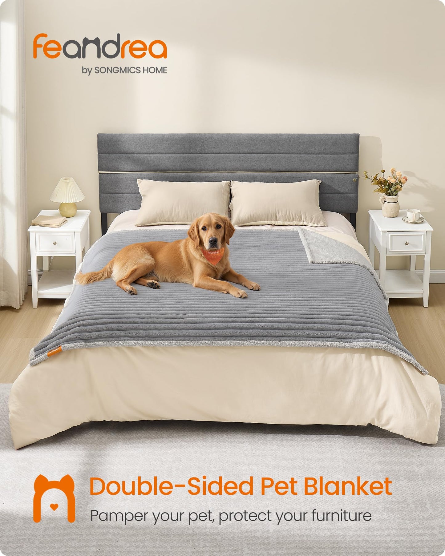 Feandrea Waterproof Dog Blanket, XL, 203 x 152 cm, Pet Blanket for Large and Extra Large Dogs, Machine Washable, Reversible Dog Couch Cover Protector, Dove Gray and Light Gray UPPB038G01