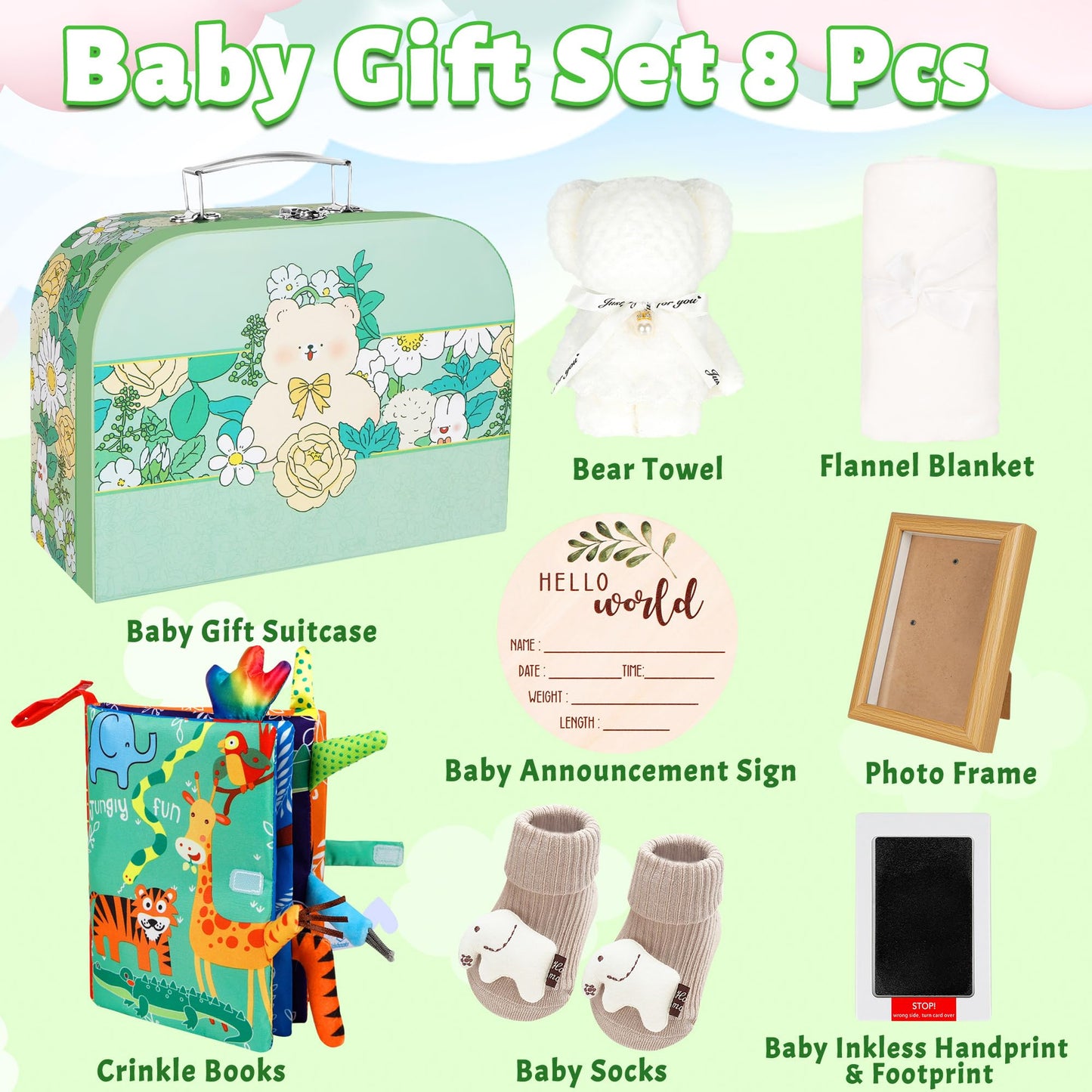 8PCS Baby Shower Gifts, New Born Baby Gifts for Girls Boys, Includes Baby Blankets, Funny Socks, Baby Keepsake and Milestone, Unique Newborn Essentials Gift Set