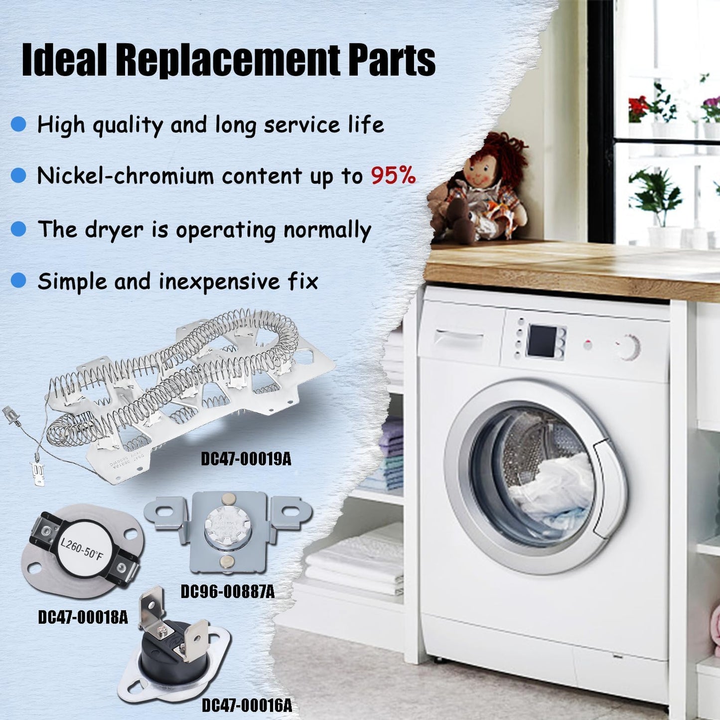 Podoy DC47-00019A Dryer Heating Element- 95% Nickel+ - Compatible with Sam-sung Ken-more Dryer Parts DC47-00019A with DC47-00016A, DC47-00018A Dryer Thermostat, DC96-00887A Dryer Thermal Fuse Parts