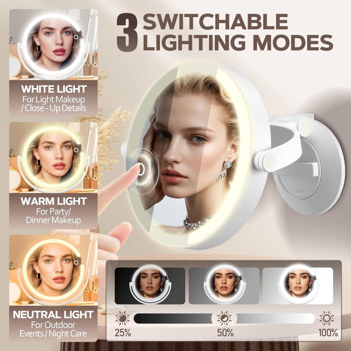 MOMOKUBA Magnifying Mirror with Light 30X, LED Bathroom Mirror with 3 Lighting Modes, 2-Sided 30x/1x Rotation Wall Mounted Makeup Mirrors, Rechargeable Mirrors with Lights and Suction Cup for Bathroom