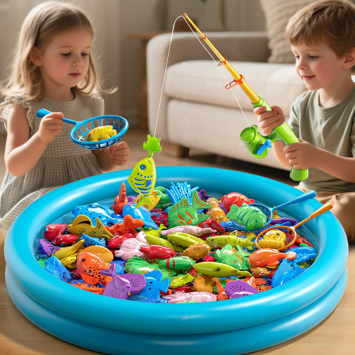 60 Pcs Magnetic Fishing Pool Toys Game for Kids Toddlers, Fishing Water Table Bathtub Toy with Inflatable Pool Pole Rod Net Bucket Plastic Floating Fish, Water Bath Pool Outdoor Toy for Kids Age 3 4 5