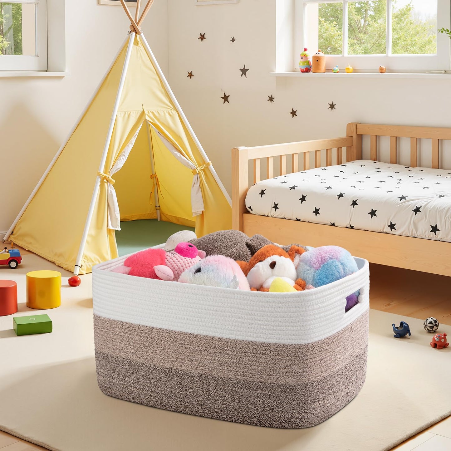 OIAHOMY Large Blanket Basket 22”x17”x12”, Woven Nursery Cotton Rope Baskets for Storage, Living Room, Toy Organizing With Handle-Gradient Yellow