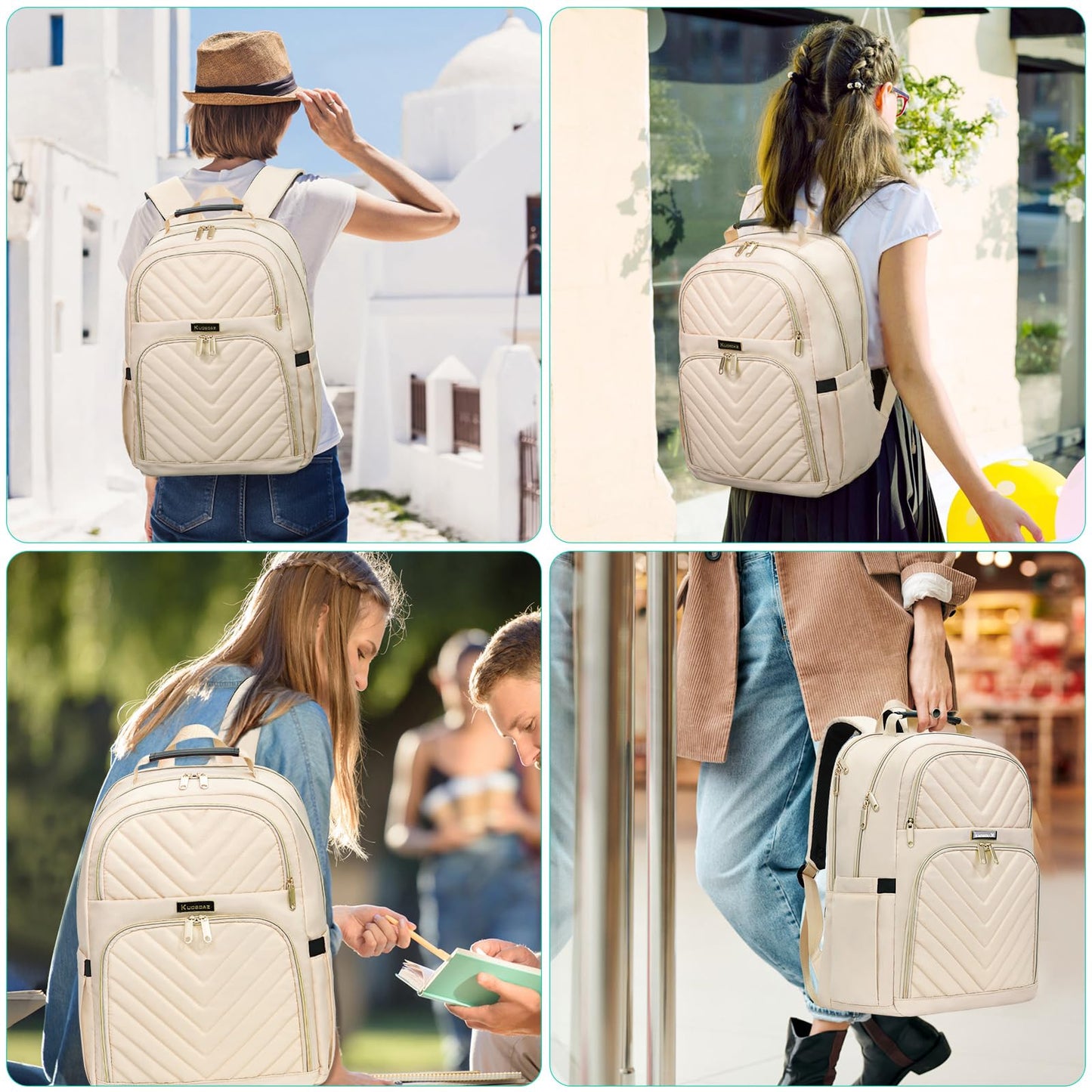 Travel Laptop Backpack for Women, School Backpack for Girls, 15.6 Inch Quilted Work Backpack Purse with USB Charging Port, Large Anti-theft Teacher Student Book Bags, Casual Daypacks, Beige