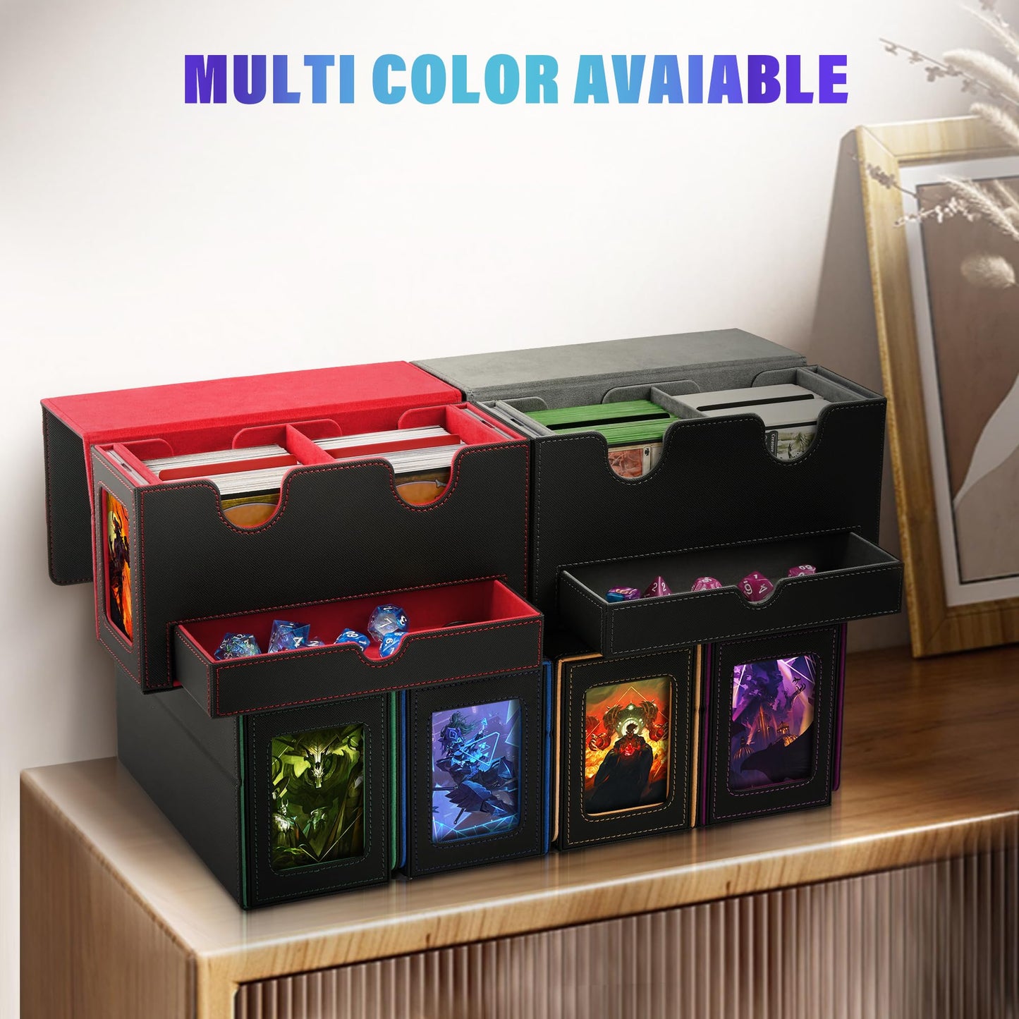 Card Deck Box for MTG, Double Card Storage Box with 2 Commander Display & Dice Tray, Fits 200+ Double Sleeved Cards, Card Organizer for CCG TCG Sports Cards (Black&Gray)