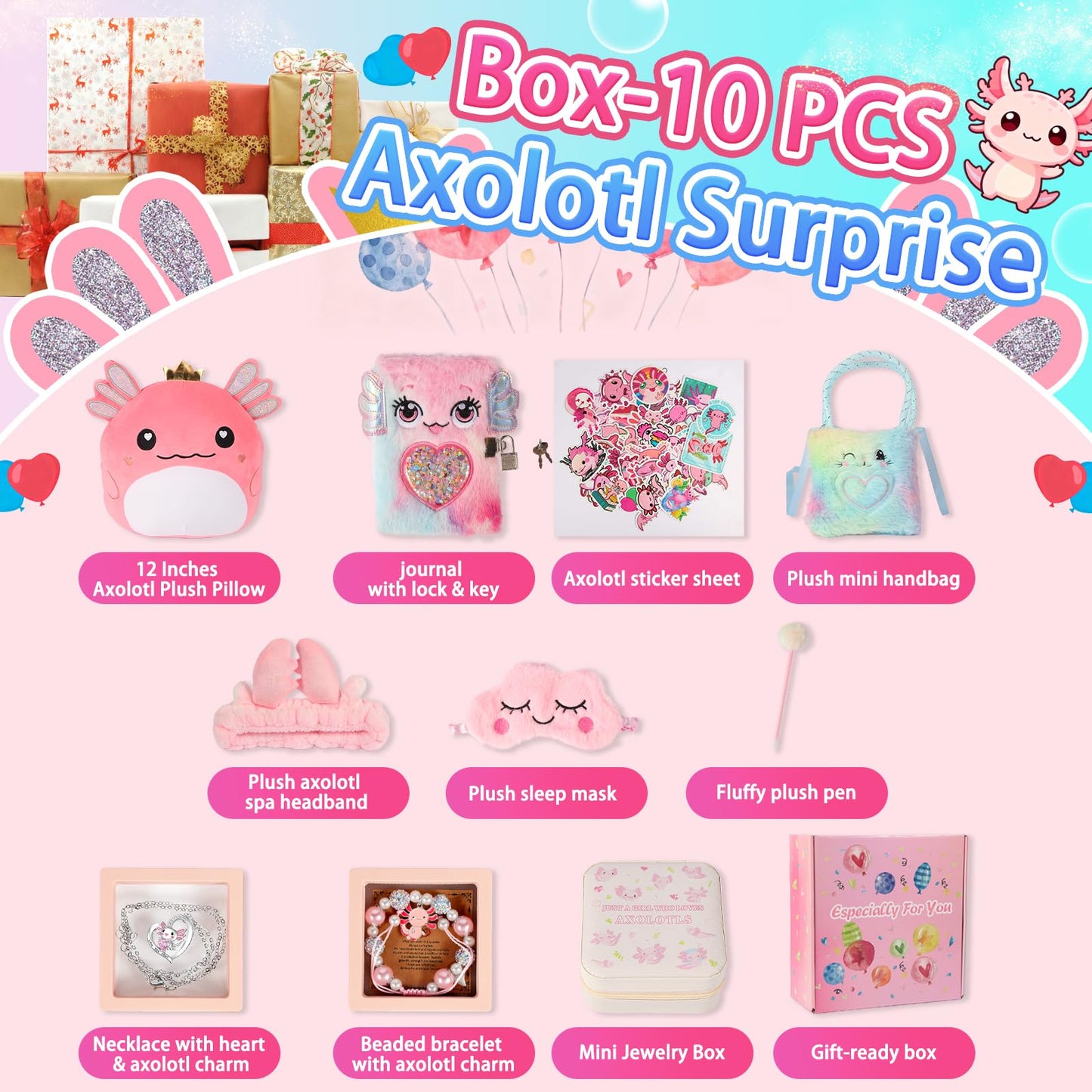 Axolotl Gift Set for Girls,Cute Axolotl Themed Gift Box with Fluffy Diary with lock and keys, Stickers, Pen and More Axolotl Accessories, Christmas Birthday Gifts for Girls