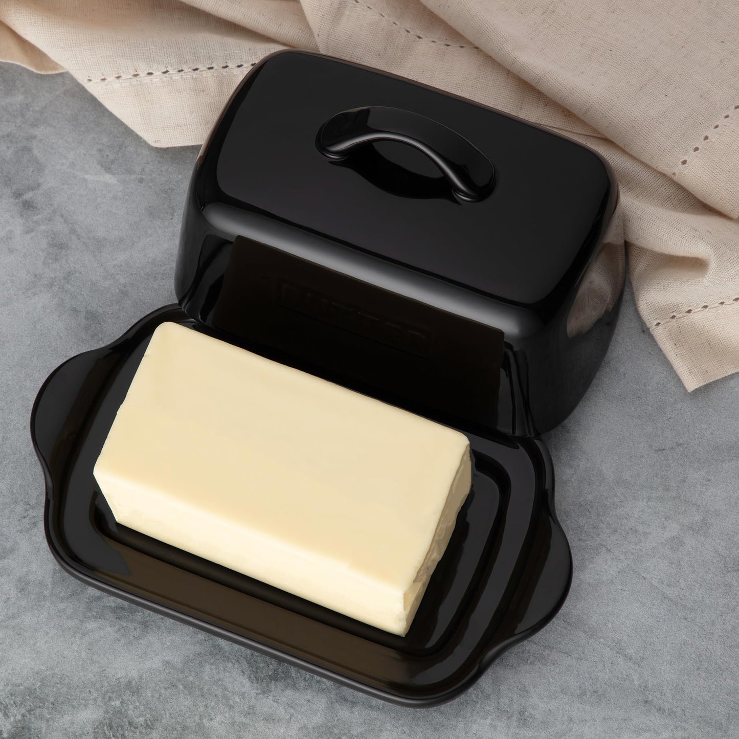 Zulay Butter Dish with Lid – Large 1 lb Canadian Size, Black Porcelain Butter Tray & Butter Container for Countertop or Refrigerator - Black