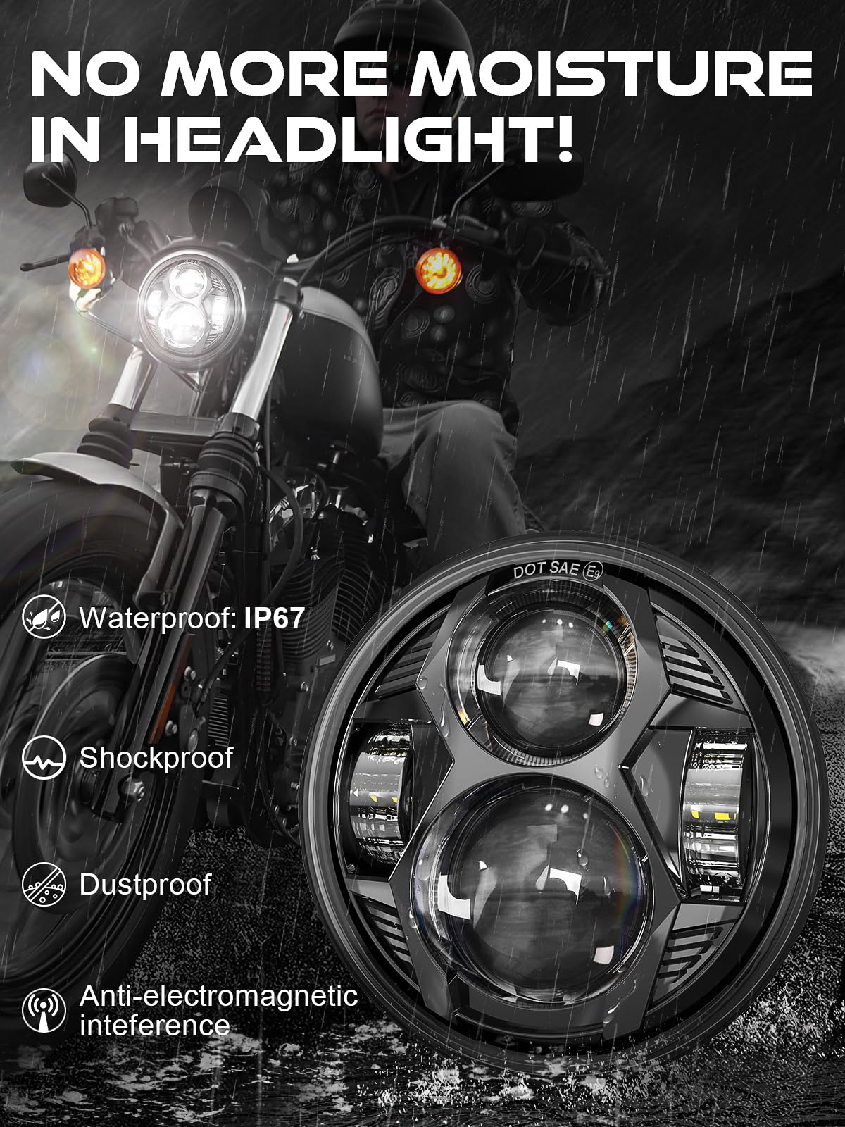 5.75 Inch Round Led Headlight 51W 5-3/4" Headlight Compatible with Harley Dyna Sportster Iron 883 Street Rod Street Bob Softail Deuce Custom Super Wide Glide Motorcycle, Black