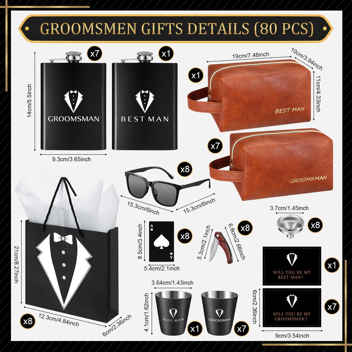80Pcs Groomsmen Gifts Groomsmen Proposal Box with Flasks Sunglasses PU Leather Toiletry Bag Bottle Opener for Wedding Groomsman Best Man Gift (80, Brown)