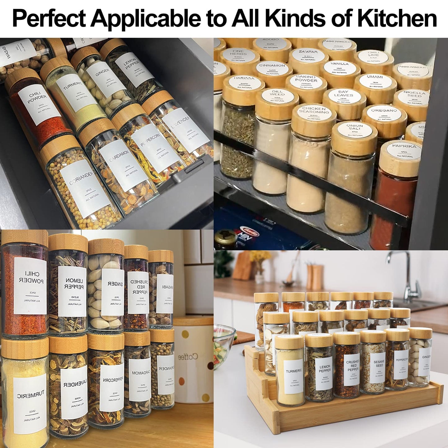 AISIPRIN 24 Pcs Glass Spice Jars with Bamboo Airtight Lids and 398 Labels, 4oz Empty Round Containers Seasoning Storage Bottles - Shaker Lids, Funnel, Brush and Marker Included