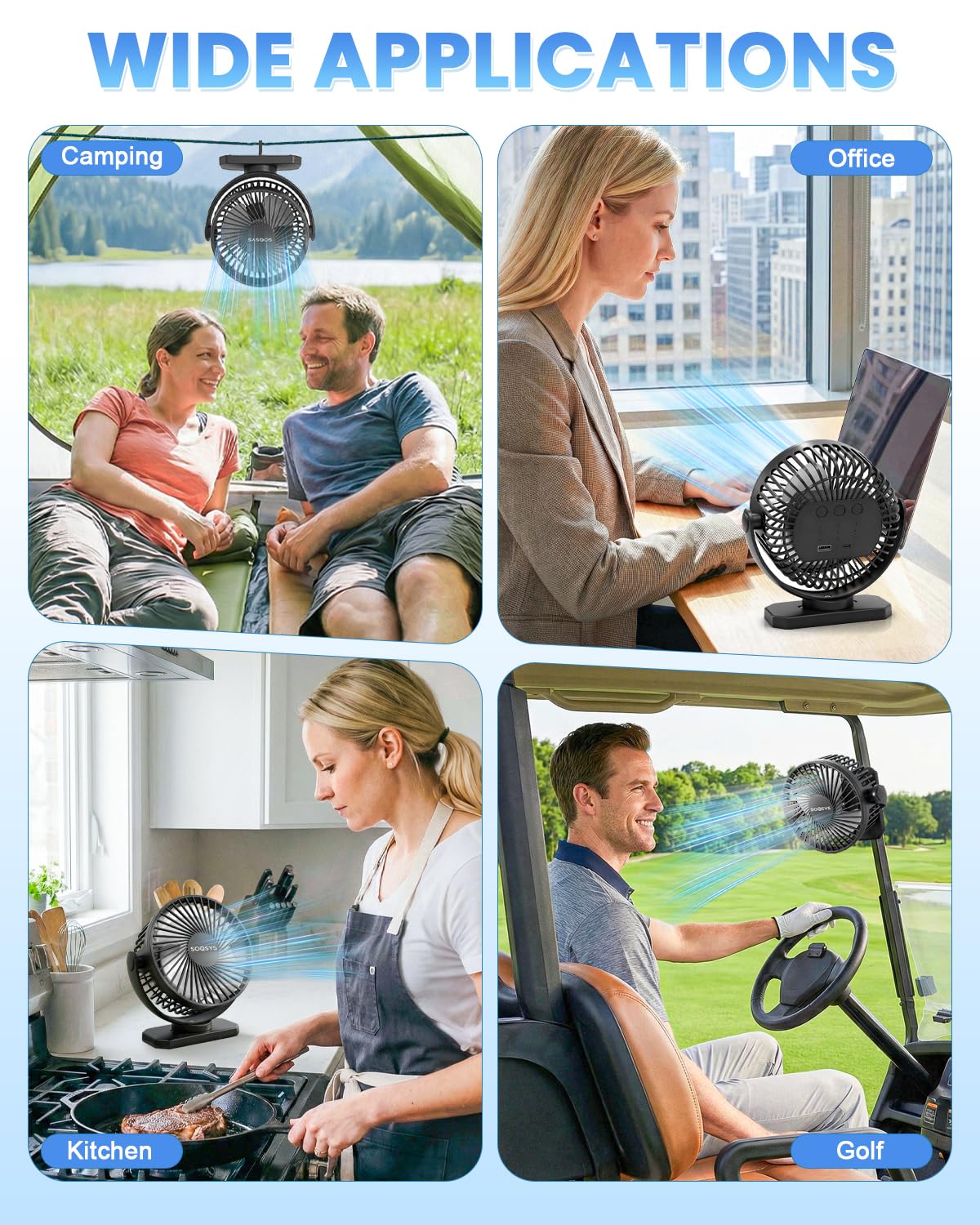 SOQSYS Cruise Approved Magnetic Fan with 12000mAh Rechargeable Battery, Cruise Fan with 3 Speeds, Timer, Led Lights, Power Output & Bottom Hook, Portable Fans for Camping Travel Cruise Essentials