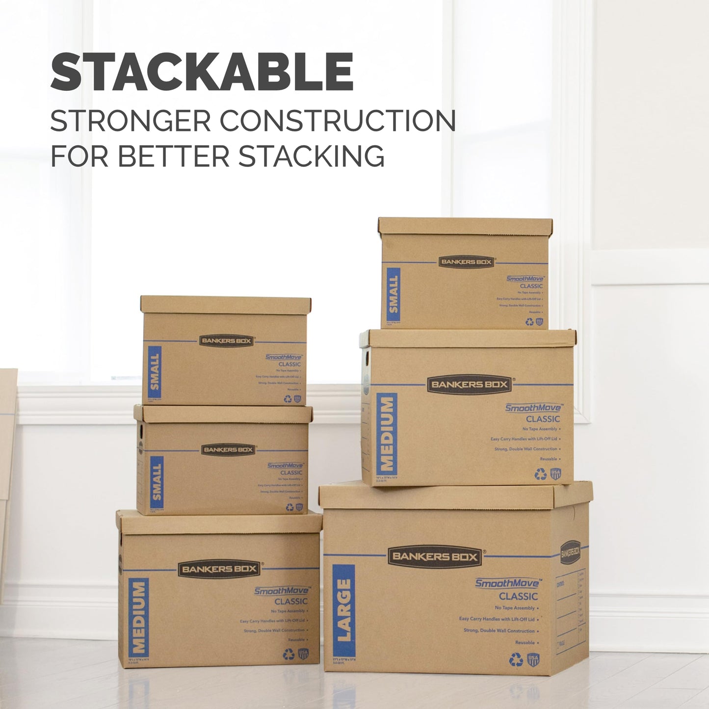 Bankers Box SmoothMove Classic Moving Boxes, Tape-Free Assembly, Easy Carry Handles, Medium, 18 x 15 x 14 Inches, 8 Pack (7717210)