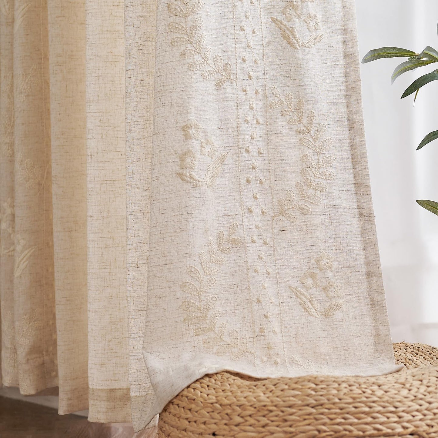 JINCHAN Linen Curtains for Bedroom Floral Curtains 84 Inch Length Linen Blend Ivory Embroidered Drapes Farmhouse Flower Patterned Drapes for Living Room Window Treatments Set 2 Panels