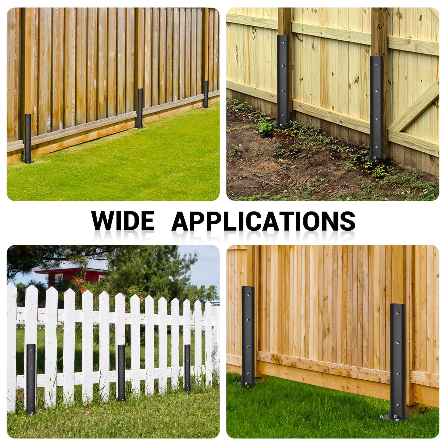2 Pack Fence Post Anchor Kit, Heavy Duty Steel Fence Post Repair Stakes, Post Anchor Ground Spike for Repairing Tilted Broken Wood Support, Black