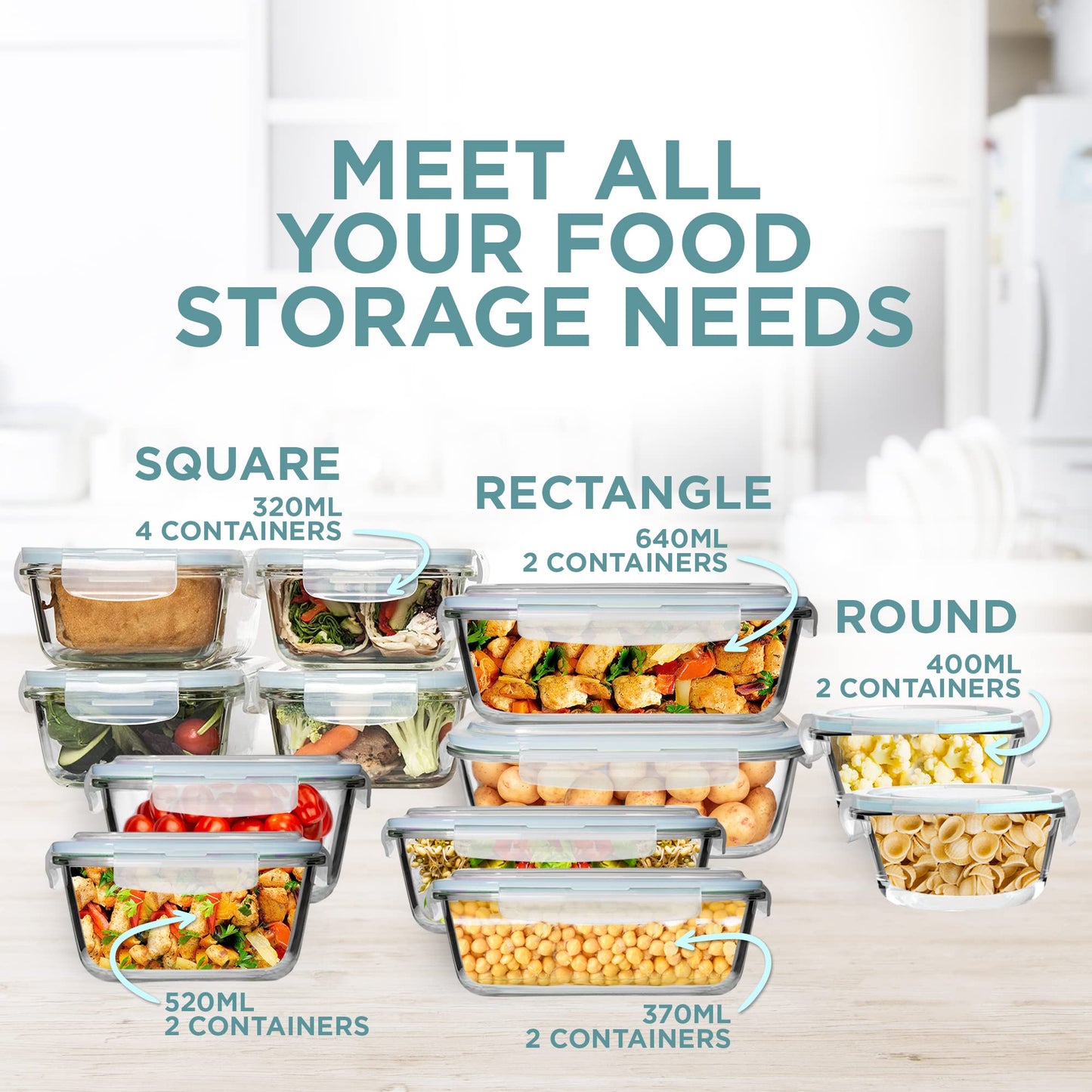 Razab 24 Pc Glass Food Storage Containers with lids Airtight & Leakproof - Reusable Glass Meal Prep Containers for Lunch and Leftovers - Oven, Freezer, Microwave & Dishwasher Safe