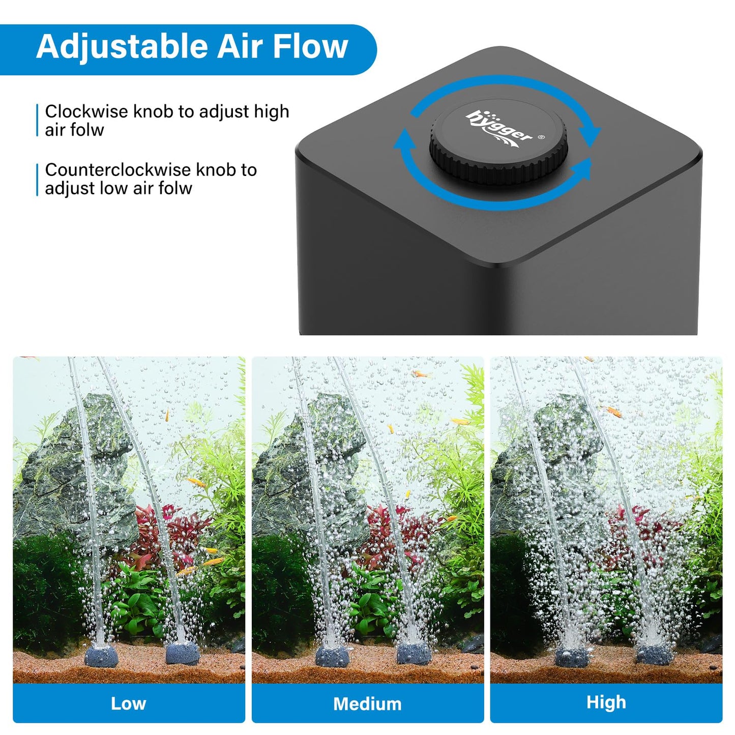 hygger Aquarium Air Pump, Quiet Adjustable Fish Tank Air Pump, 4W/7W/11W Powerful Oxygen Aerator Dual Stainless Steel Outlets with Air Stone Bubbler for Small Medium Large Fish Tank, Hydroponic, 4W