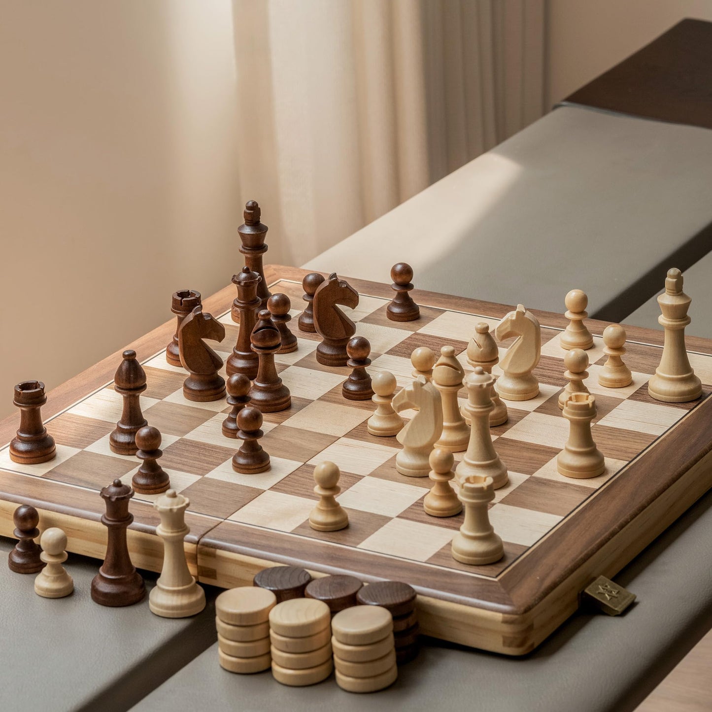 A&A 15" Magnetic Wooden Chess & Checkers Set/Folding Board / 3" King Height German Knight Staunton Chess Pieces/Walnut & Maple Inlaid /2 Extra Queen