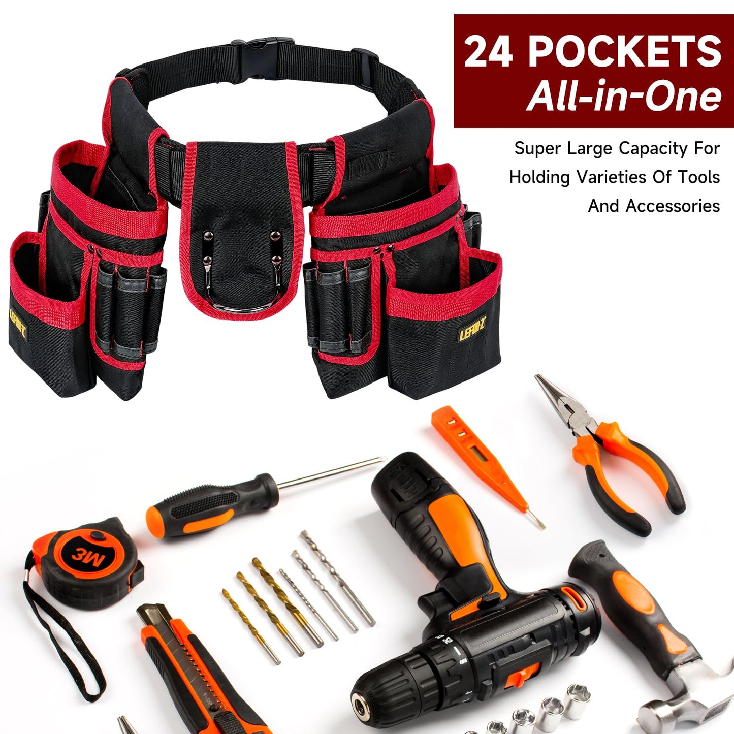 Tool Belt,Magnetic Tool Pouch,27-Pockets Heavy Duty Padded Tool Belts for Men,Detachable & Adjustable Tool Pouch Bag for Electrician,Carpenter,Construction,Work Apron,Utility Belt,Black,Red