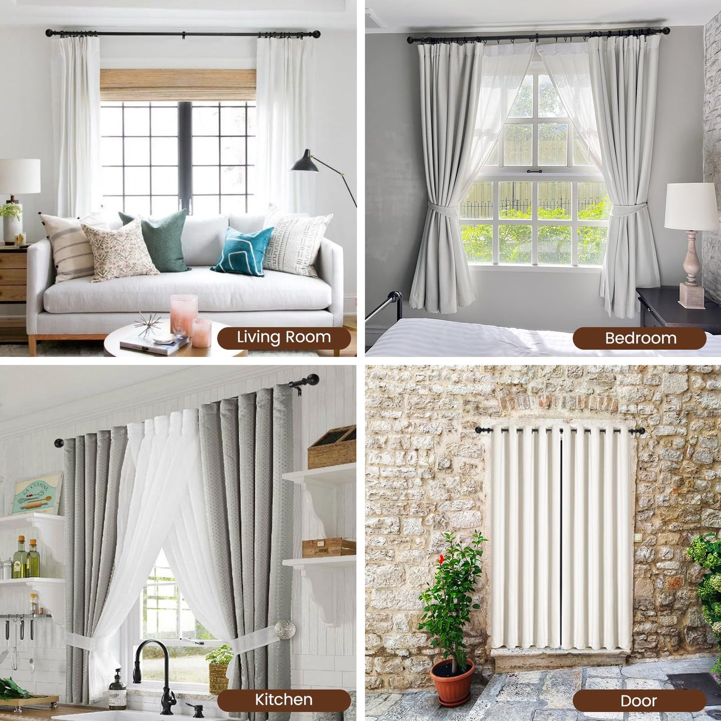 Curtain rod for Windows 84-120 Inch, 5/8 Inch Extra Long Matte Black Curtain Rod Adjustable with Brackets Pole Rideau for Bedroom, Bathroom, Living room, Kitchen, Patio, Outdoor, cafe