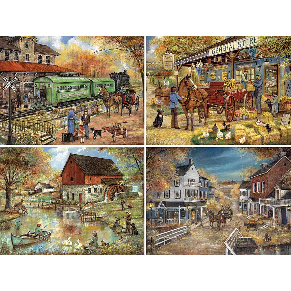 Bits and Pieces – 4-in-1 Multi-Pack 1000 Piece Jigsaw Puzzles for Adults – Country Pond Harvest Café Home General Store Jigsaw Puzzles by Artist Ruane Manning, Completed Puzzle Size: 20" x 27"