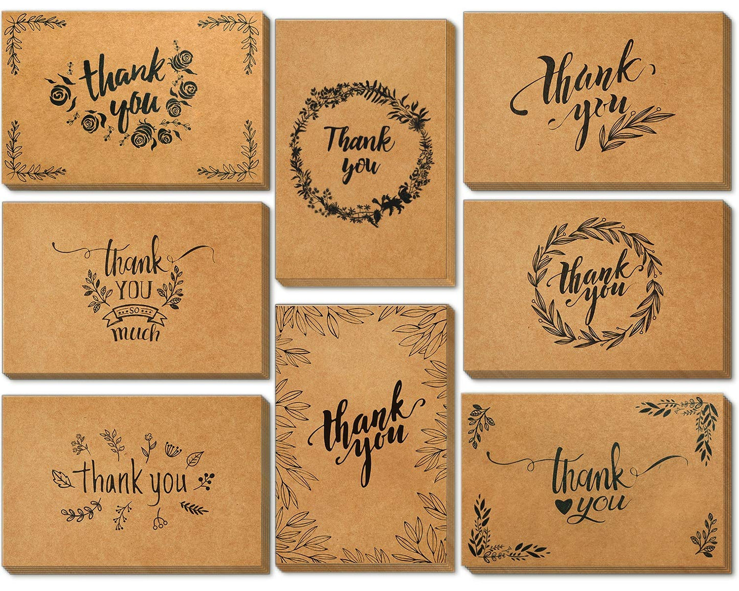 144 Thank You Cards Bulk, Brown Kraft 4x6 Inch Thank You Notes with Envelopes and Stickers, 6 Elegant Designs Greeting Cards for Business, Wedding, Baby Shower, Blank Inside
