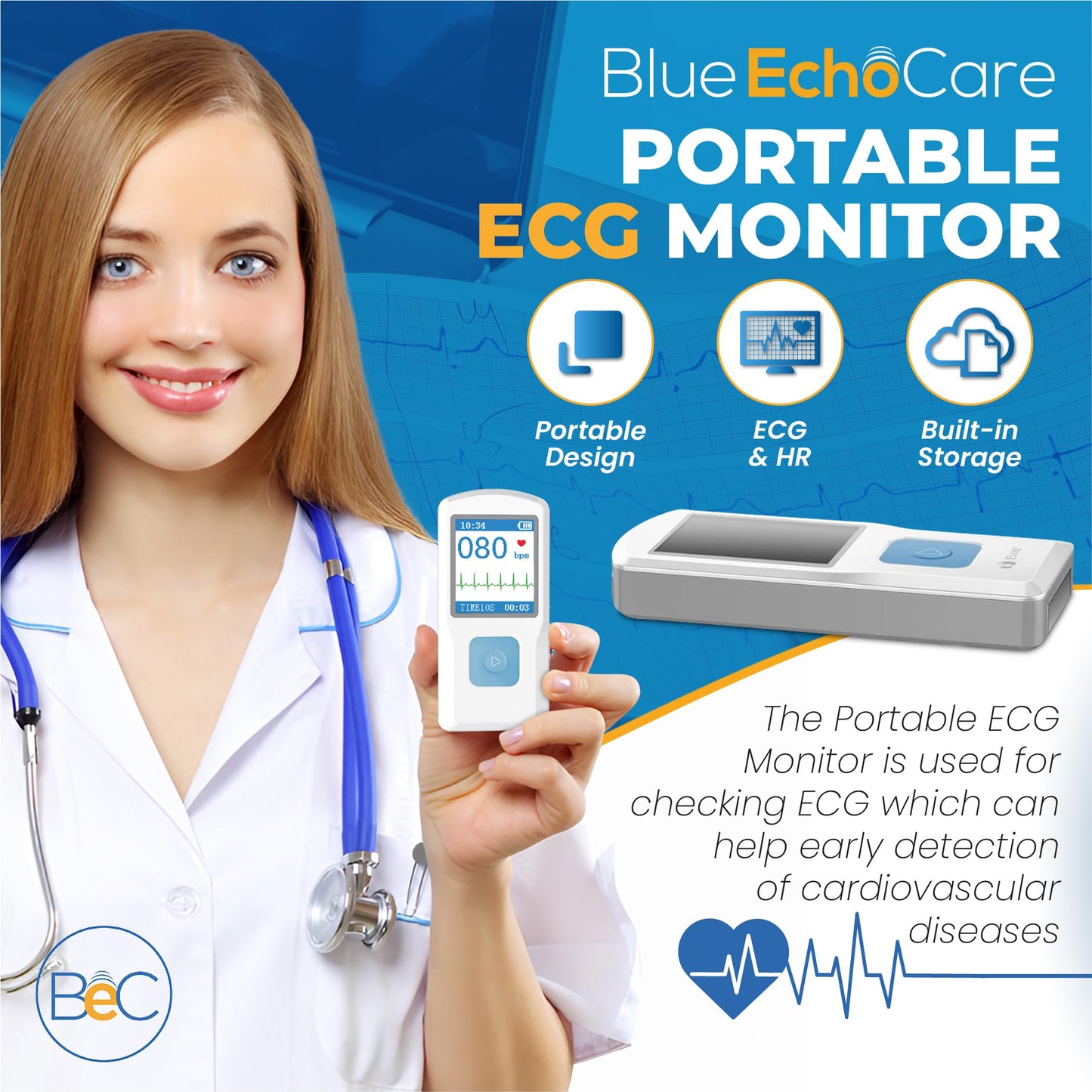 BEC Portable ECG Monitor - Electrocardiograph Monitors in Less Than 30 Seconds, no Need for a Smartphone, All Measurements are Done on Device
