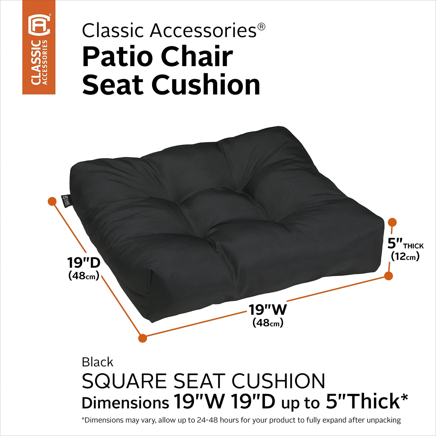 Classic Accessories Water-Resistant Square Patio Seat Cushions, 19 x 19 x 5 Inch, 2 Pack, Black, Outdoor Seat Cushions