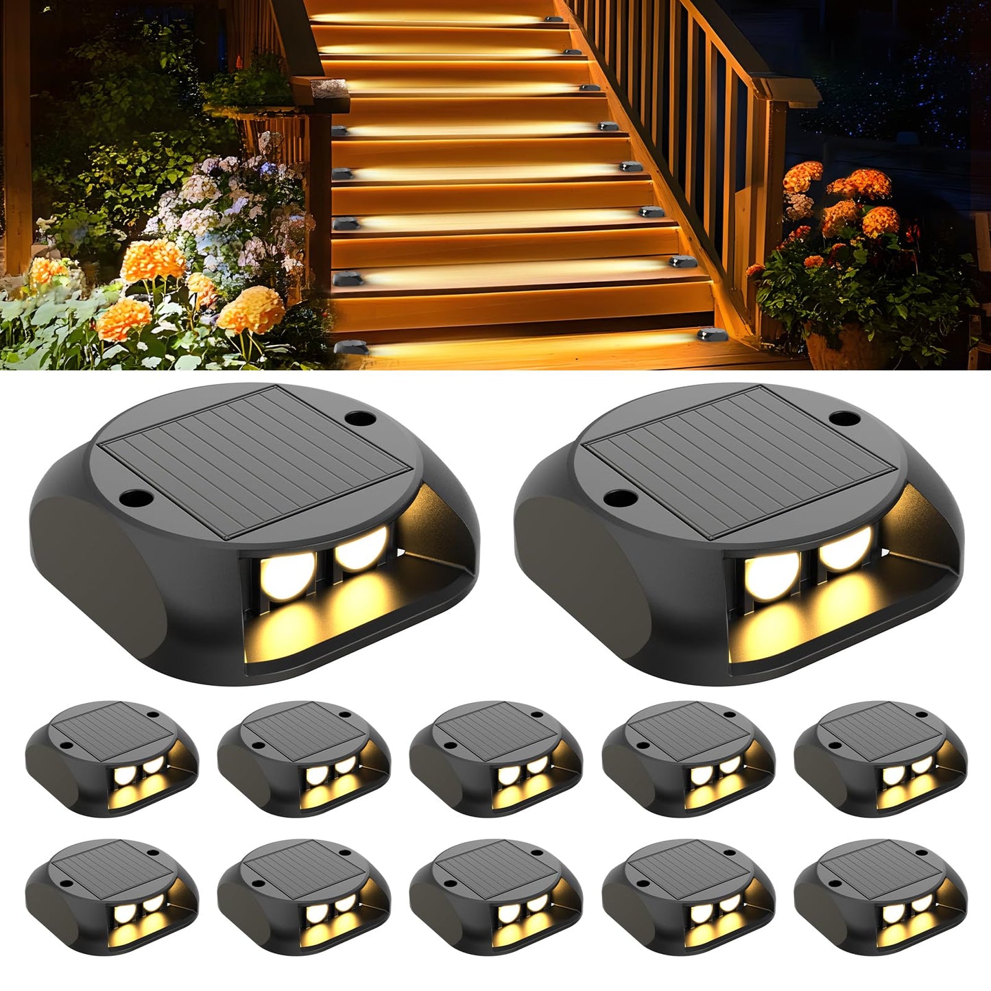 Quntis 12-Pack Solar Lights Outdoor, IP65 Waterproof Solar Stair Lights,15Hs Long-Lighting Solar Deck Dock Lights, Dusk to Dawn Solar Step Lights for Driveway Pathway Walkway Garden Yard, Warm White