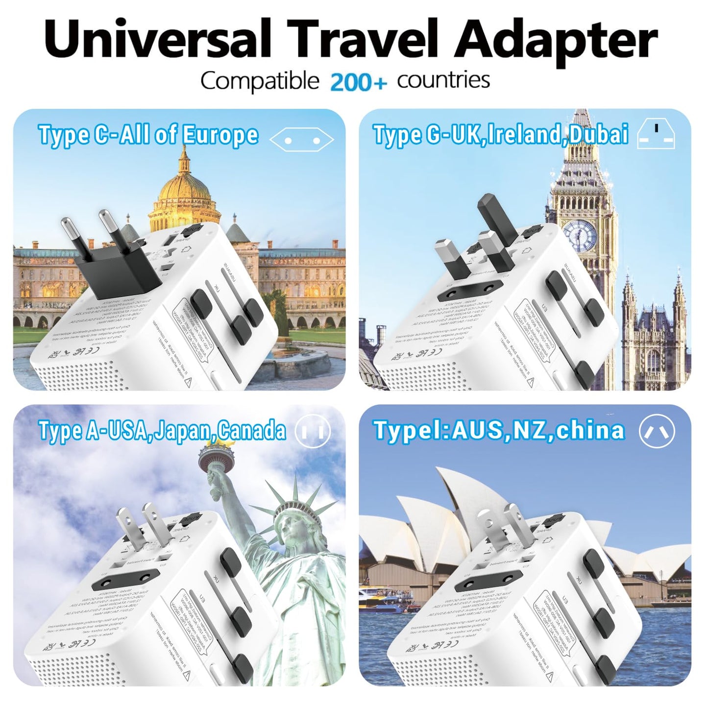 220V to 110V Converter Voltage Converter US to Europe Voltage Converter for Hair Dryer with 2 USB A and 2 USB C, European Travel Adapter Power Converter Adapter Combo from US to Italy UK AUS