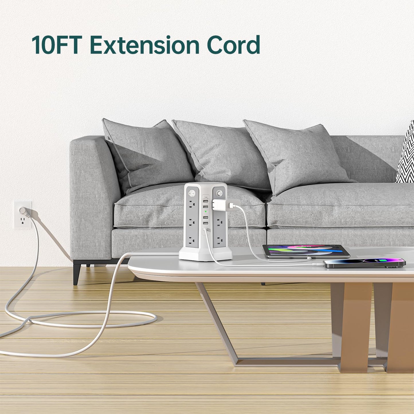 Surge Protector Tower Power Bar with USB C 18W Fast Charging Port, 10FT Extension Cord with 12 AC Outlets, and 5 USB Charging Ports(1 USB C), Power Bars Tower Surge Protection for Home Office DormRoom