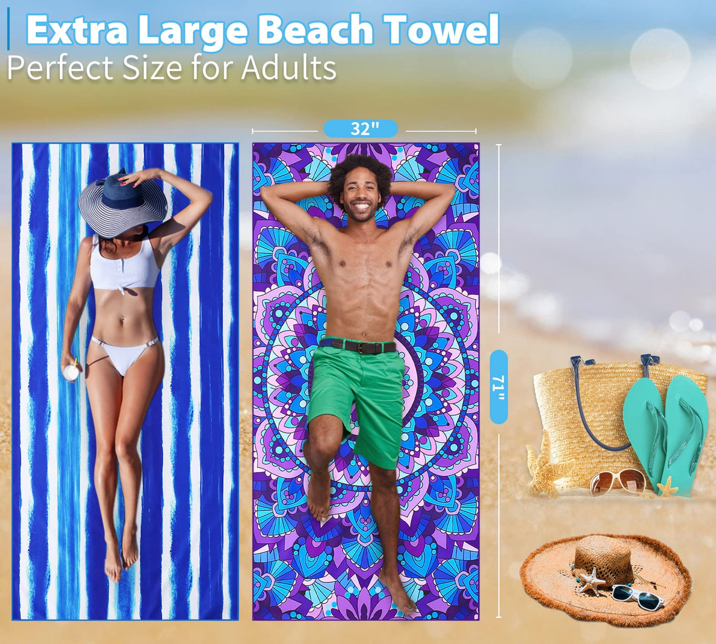 4 Pack Lightweight Thin Beach Towel Oversized 71"x32" Big Extra Large Microfiber Sand Free Towels Quick Dry for Swim Travel Camping Sports Beach Accessories Vacation Essential Gift