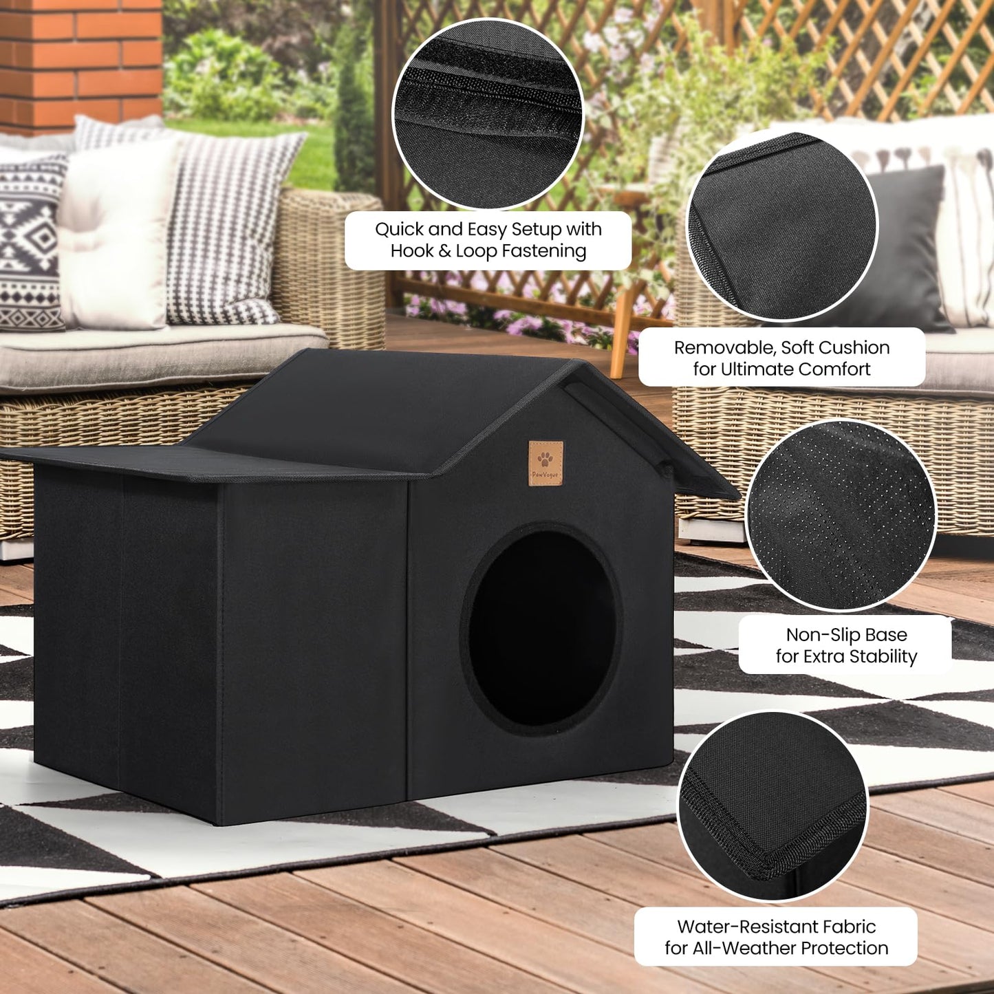 PawVogue Outdoor Cat House, Weatherproof & Insulated Cat Houses for Outdoor Cats with Waterproof Oxford Fabric and Density Board - Black