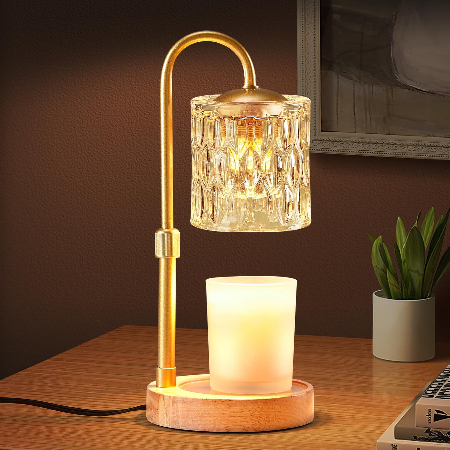 Briever Dimmable Candle Warmer Lamp with Timer, Height Adjustable Electric Candle Wax Warmer for All Size Jar Candles, Top-Down Light Heat Melting Wax with 2 Bulbs & Wooden Base for Gifts Home Decor