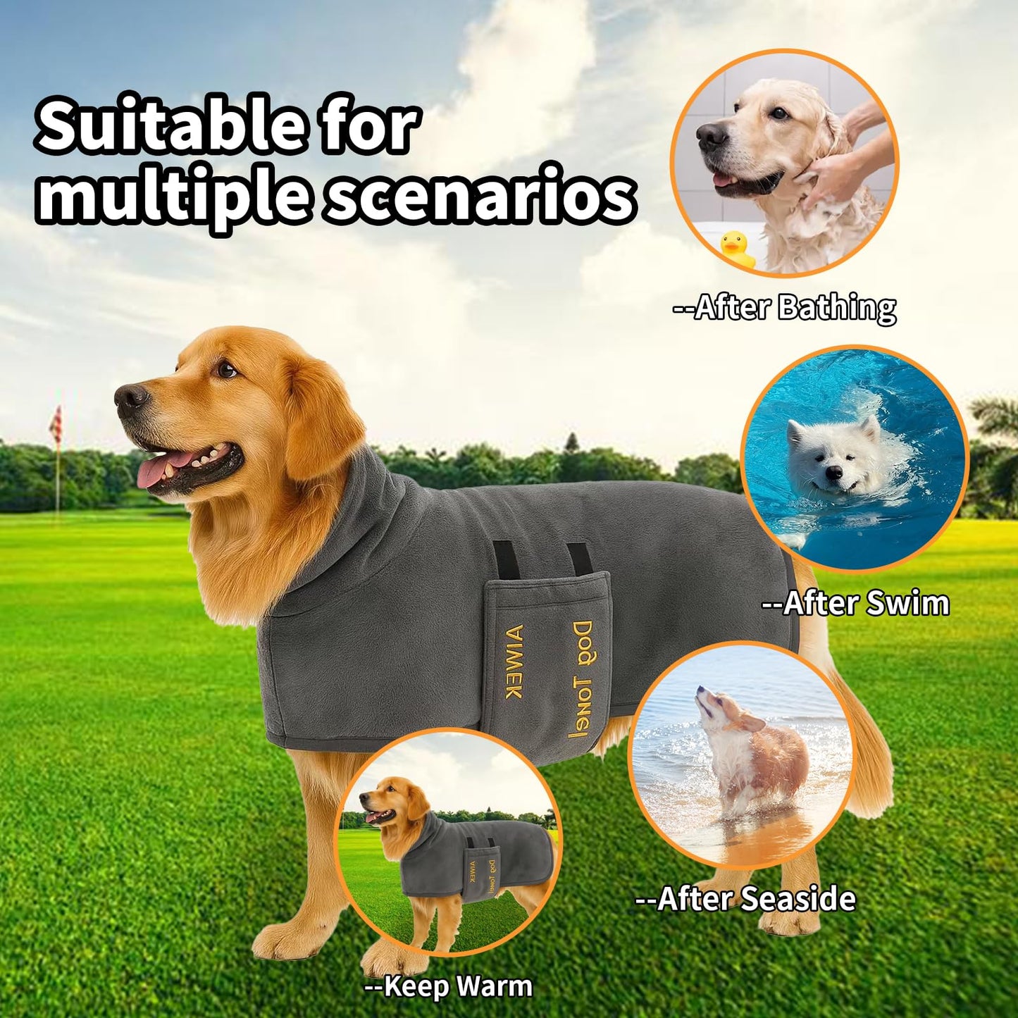 AIWEK Dog Towel Wrap Super Absorbent Dog Drying Coat Bath Robe for Puppy, Medium & Large Dogs, Fast Drying, Adjustable, for Pet Dogs & Cats Grey