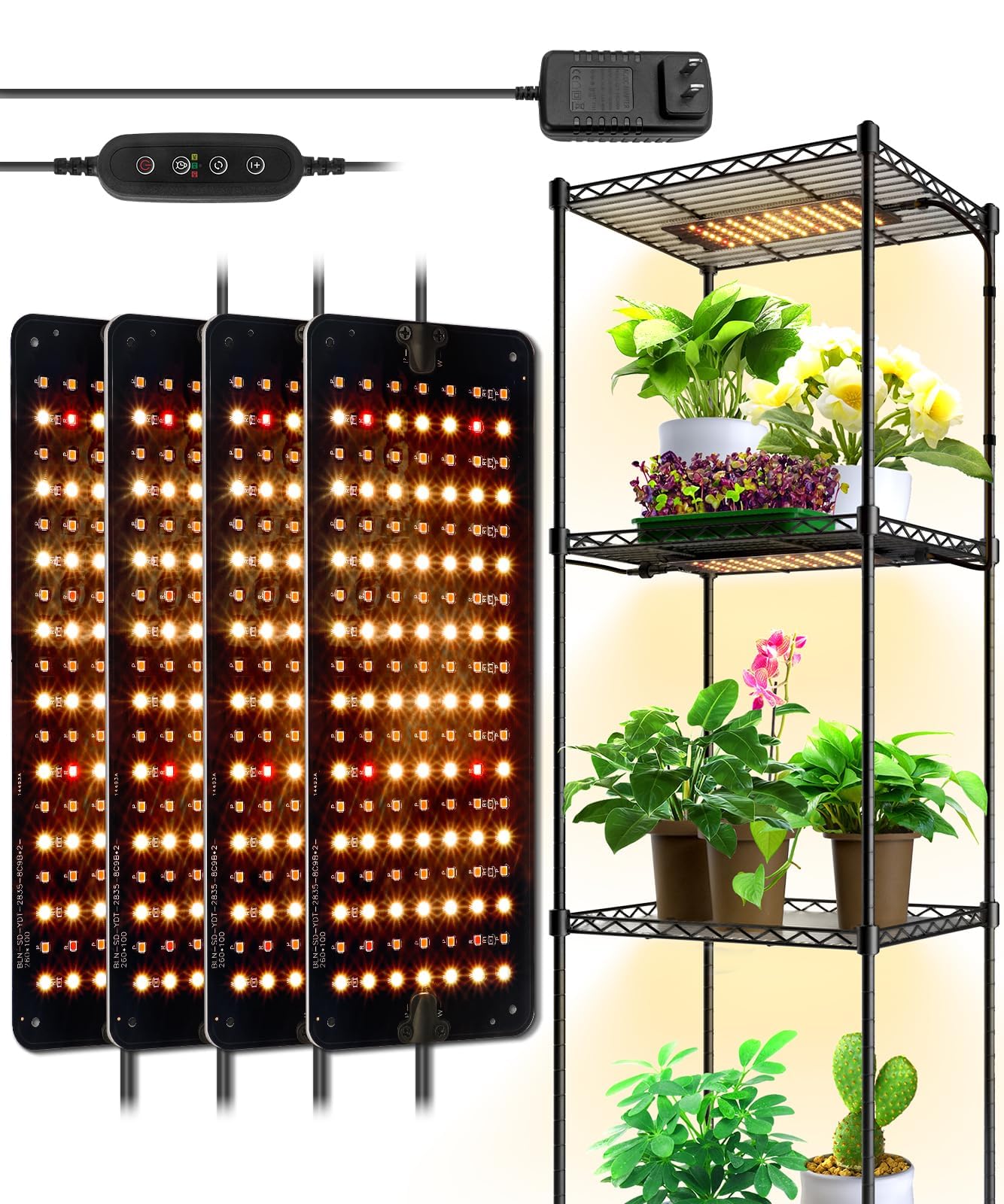 Barrina Grow Lights Panel, 40W (4 x 10W), Full Spectrum, Ultra-Thin, with 3/6/12H Auto On/Off Timer, 8 Dimmable Levels, 3 Spectrum Modes, for Indoor Plants, Greenhouse, Seedlings, 4-Pack