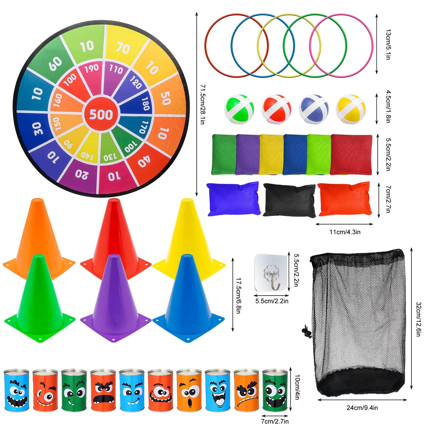 56PCS Carnival Games Combo Set, 3 in 1 Dart Board with Balls Plastic Cones Ring Bean Bags Toss Game for Boys Girls Adults Family Birthday Yard Indoor Outdoor (Bright Color)
