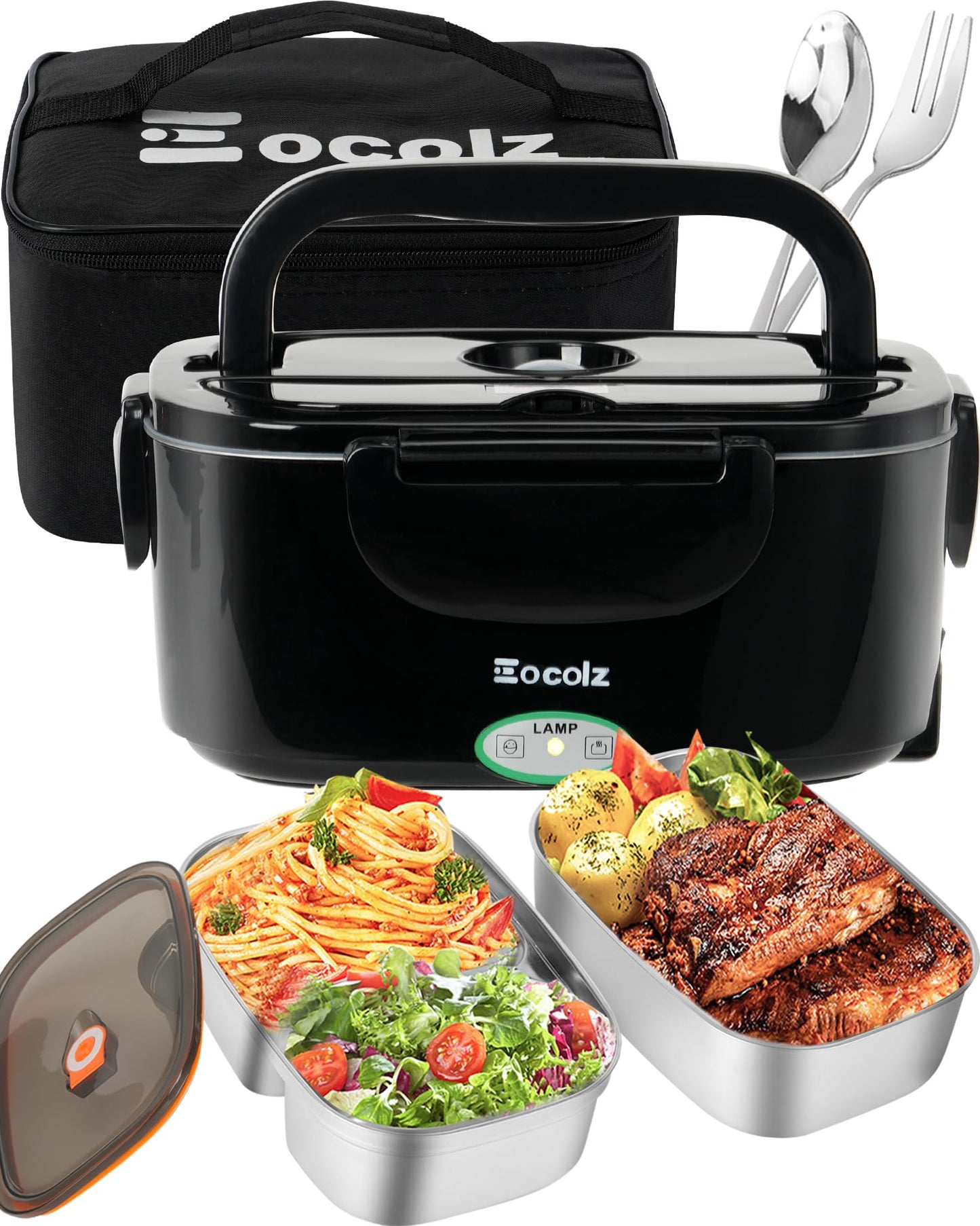 Electric Lunch Box Food Heater - 100W Fast Heating Lunch Box 12V/24V/110-230V Warming Lunchbox, Dual 1.5L Containers, Portable Food Warmer for Car/Truck/Travel, with Spork & Insulated Carry Bag