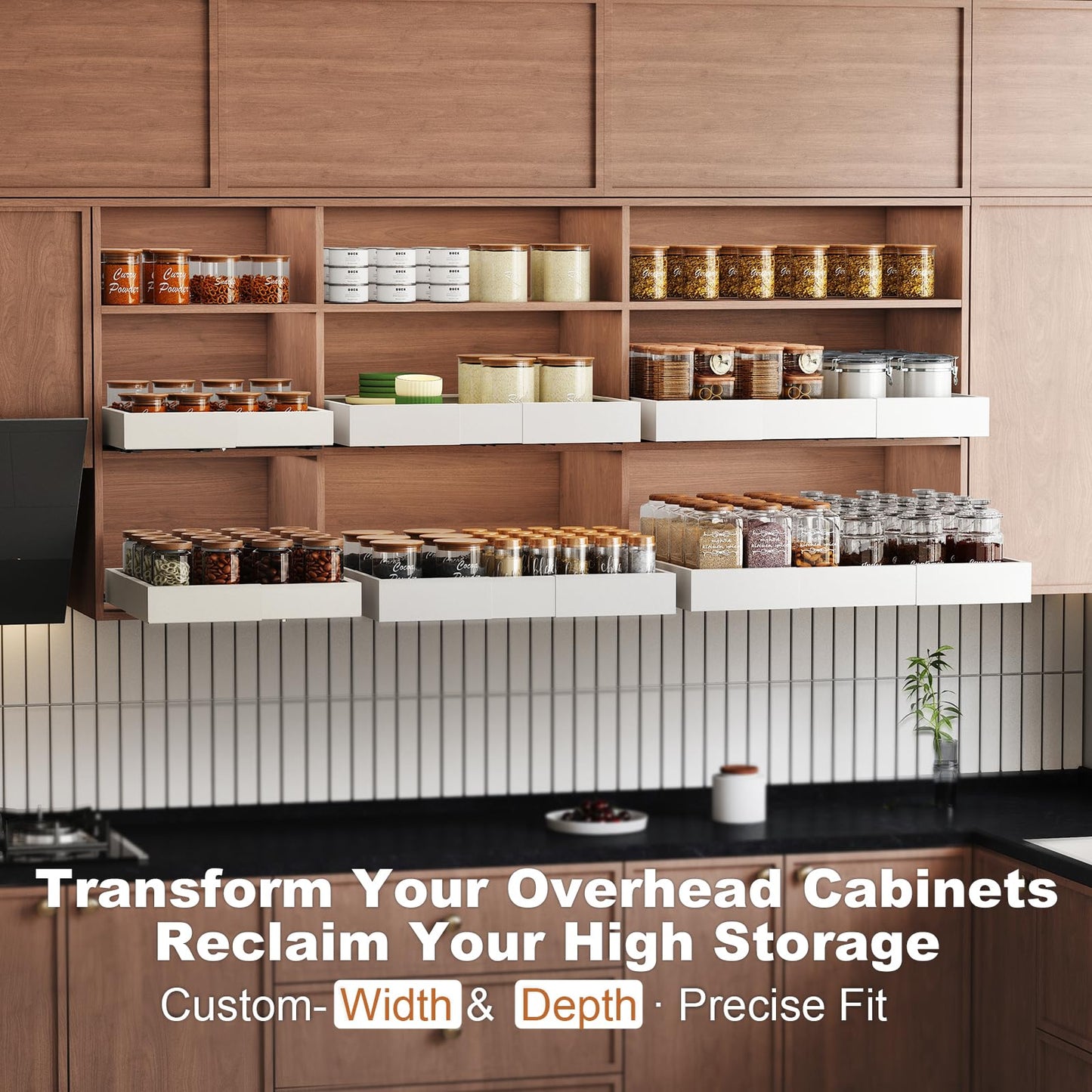 Fokyfok Pull out Cabinet Organizer,Width (11"-18") and Depth (10"-13") Expandable,No Drill Adjustable Slide out Drawers for Kitchen,Pantry,Adhesive Roll out Shelves,for Cabinets Without Lip,White