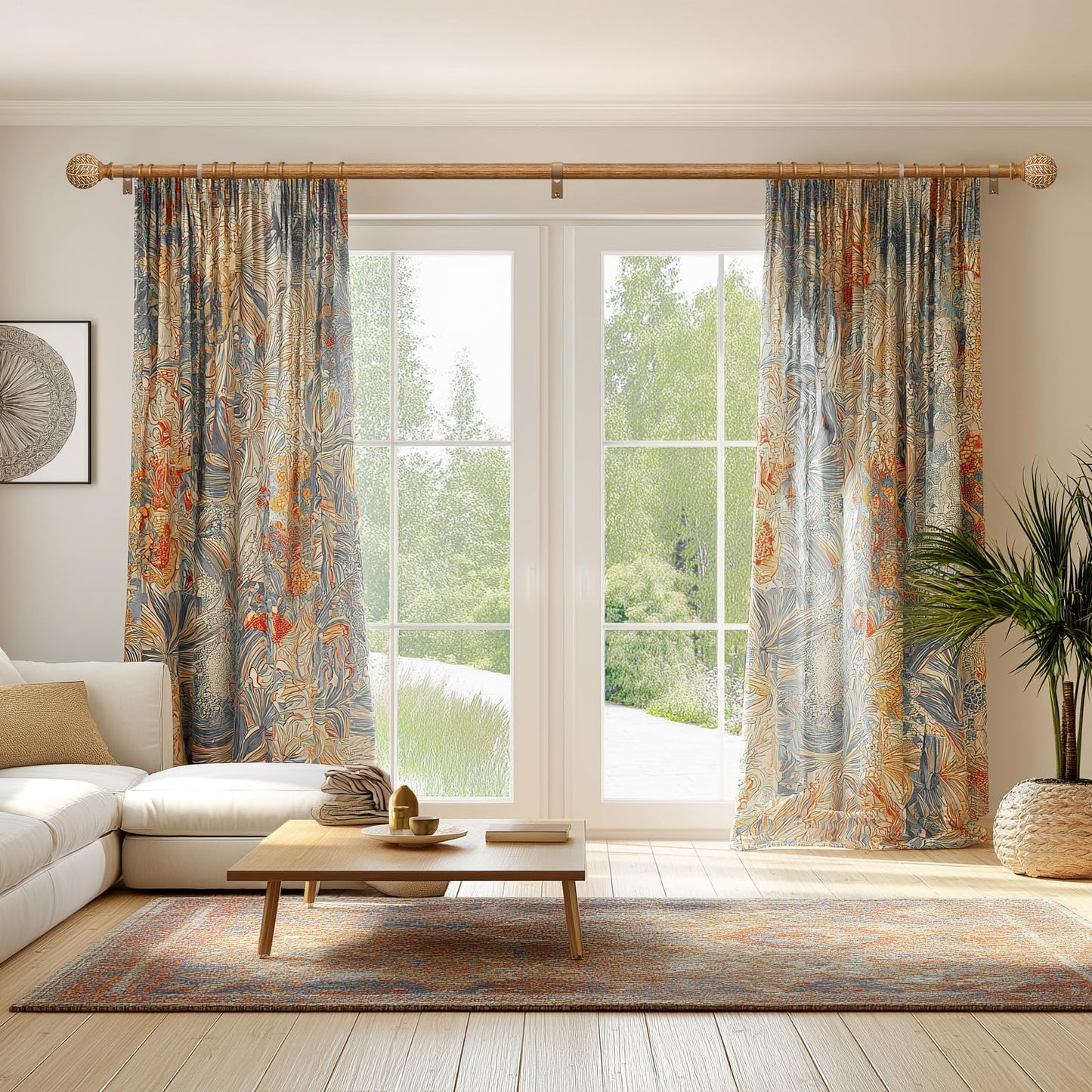 QDWIS Wood Curtain Rods for Windows 48 to 84 Inch,1'' Diameter Drapery Rods with Imitation Wood Grain Leaf Pattern Finials,Boho Adjustable Heavy Duty Curtain Rods Set,36-88''