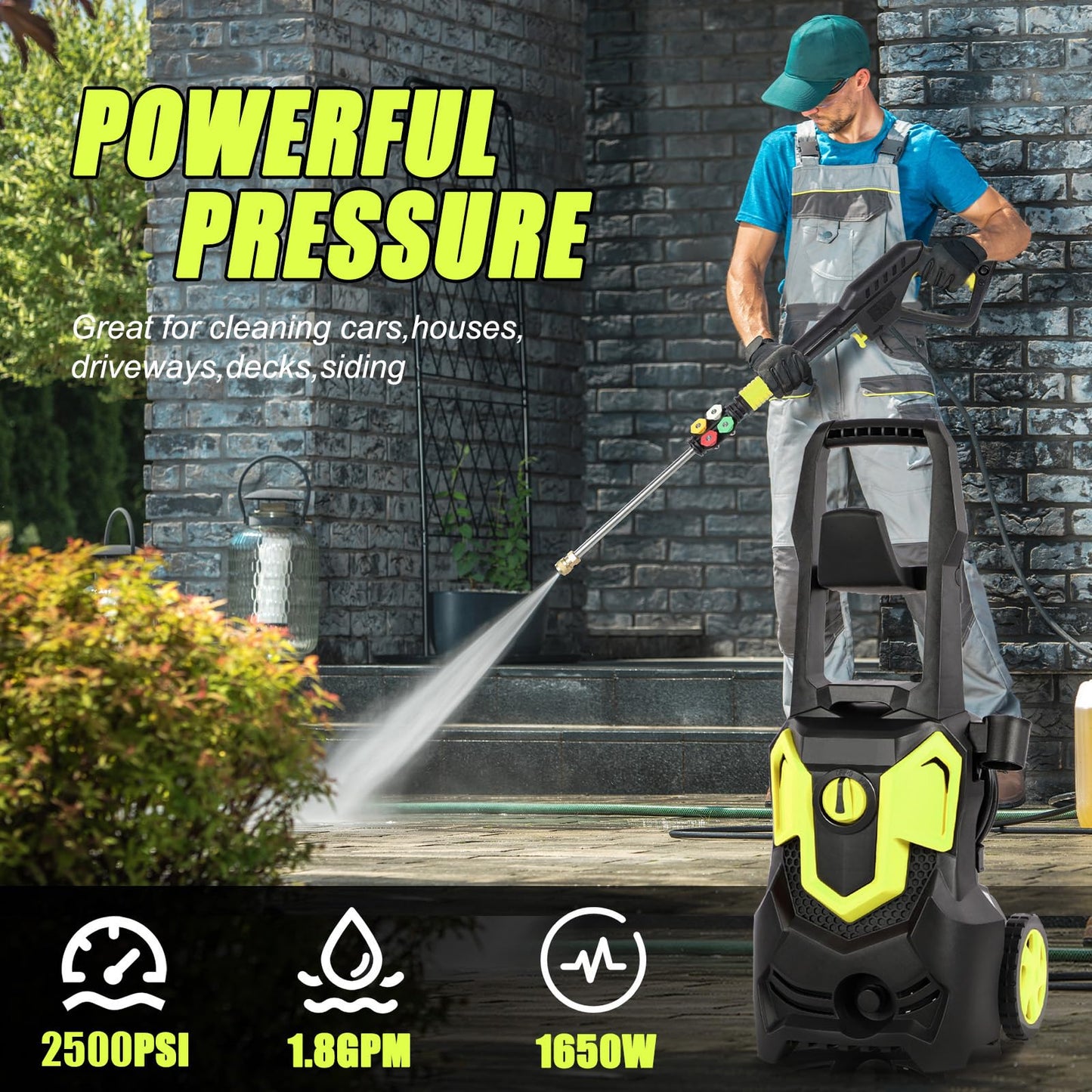 2500PSI Electric Pressure Washer, 1.8GPM 1650W High Power Washer Machine with 4 Quick Connect Spray Nozzles and Detergent Tank for Cleaning, Cars, Decks, Driveways, Patios