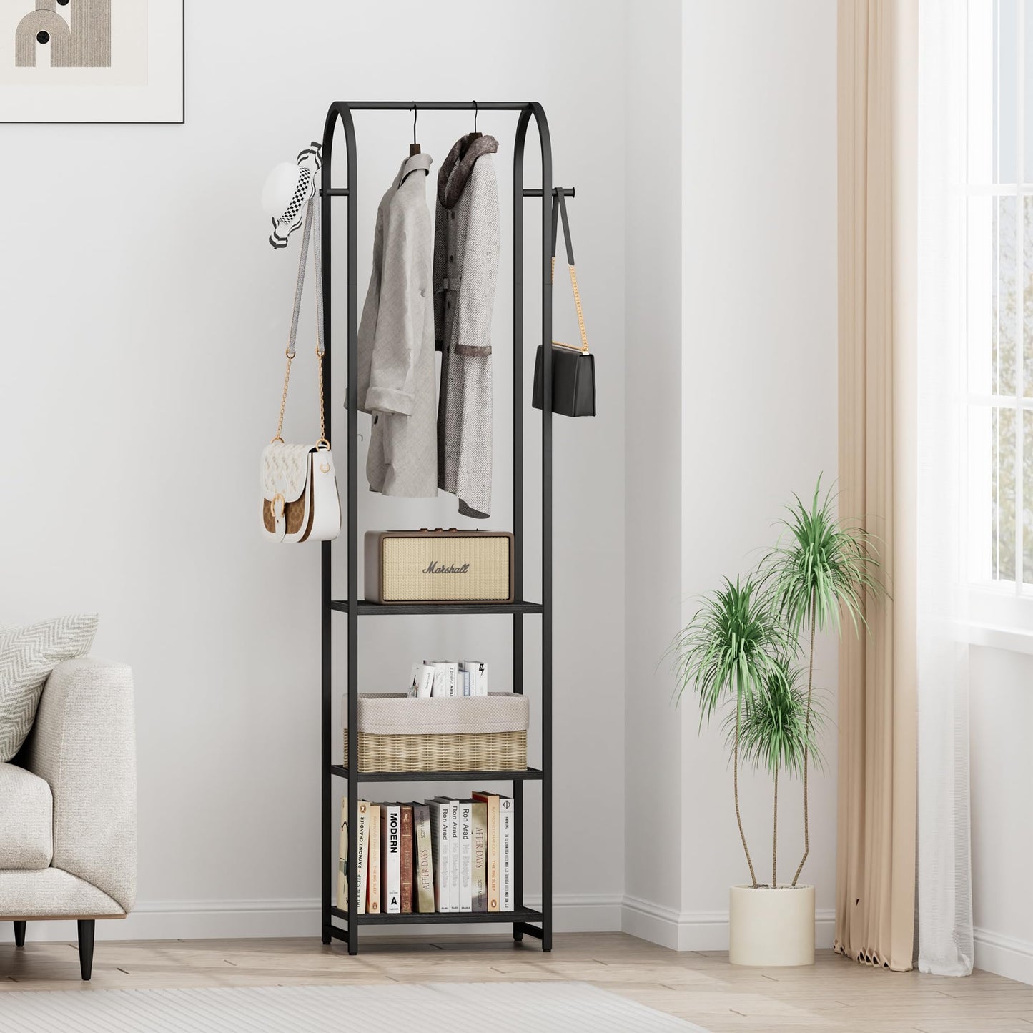 Cerlyunzan Garment Rack, Coat Rack With 3 Shelves and 4 Hooks, 71" H Clothes Stand For Hanging Clothes, Hanging Rod For for Bedroom, Hallway, Entryway, Office, Living Room, Black