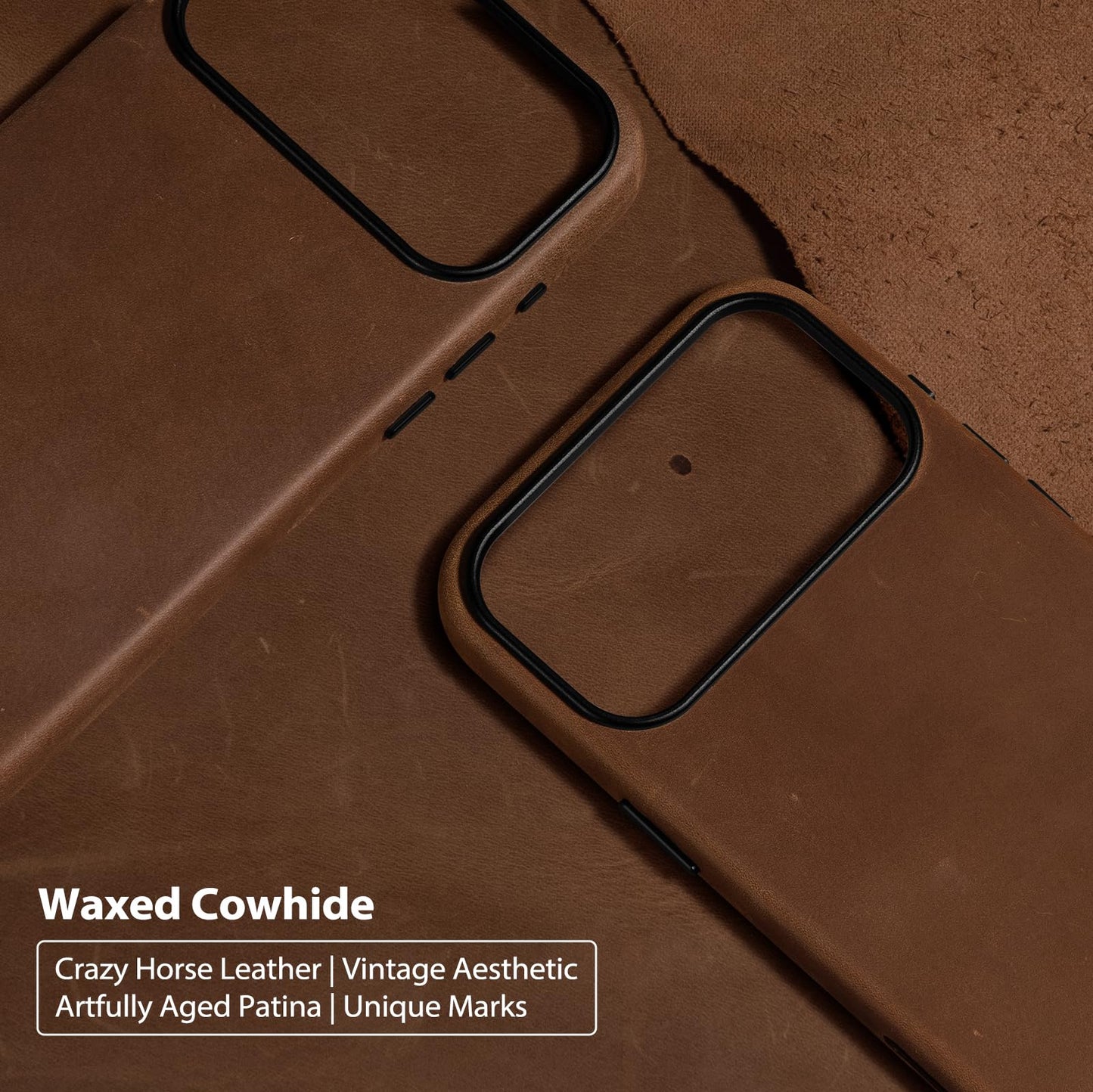 Belemay Handcrafted Crazy Horse Leather Case for iPhone 17 Pro Max, Compatible with MagSafe, Vintage Aesthetic, Two-Tone Effect, Unique Patina, Camera Control Button Coverage (6.9"), Vintage Brown