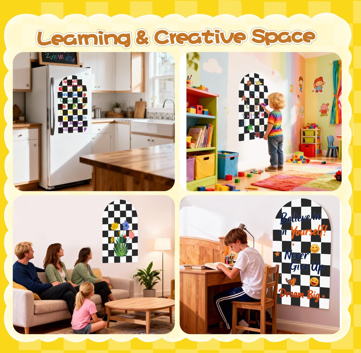 Magnetic Chalkboard for Wall, 24" x 40" Peel and Stick Arch Felt Magnetic Board, Chalkboard Wall Decal, Wall Safe Removable Reusable, Black & White Checkered Play Room Home Office Decor