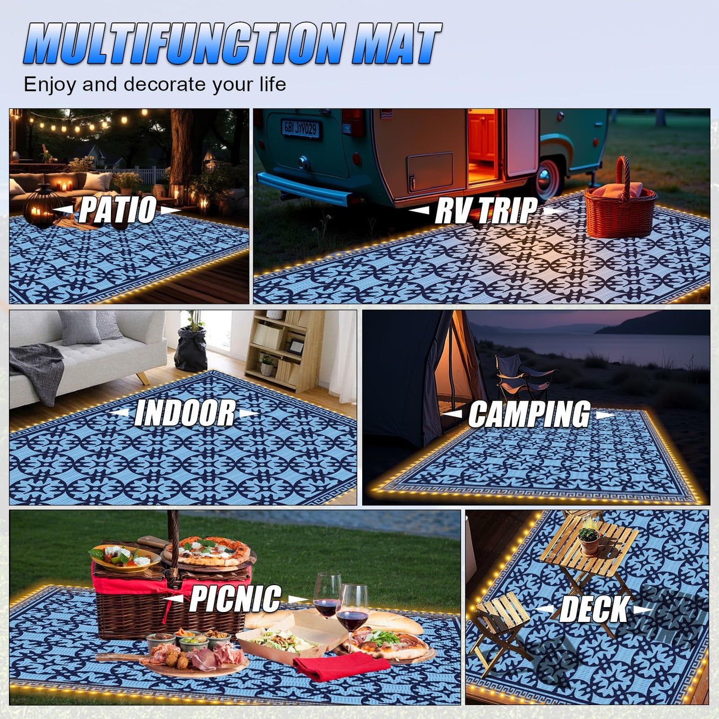 TIPHOPE 9X6 FT RV Outdoor Rugs with Led Light Strips,Foldable Camping Mat with Carry Bag Waterproof Reversible Mat RV Patio Mat Lightweight Large Floor Rug for RV Camping Picnic Patio-2 Year Warranty