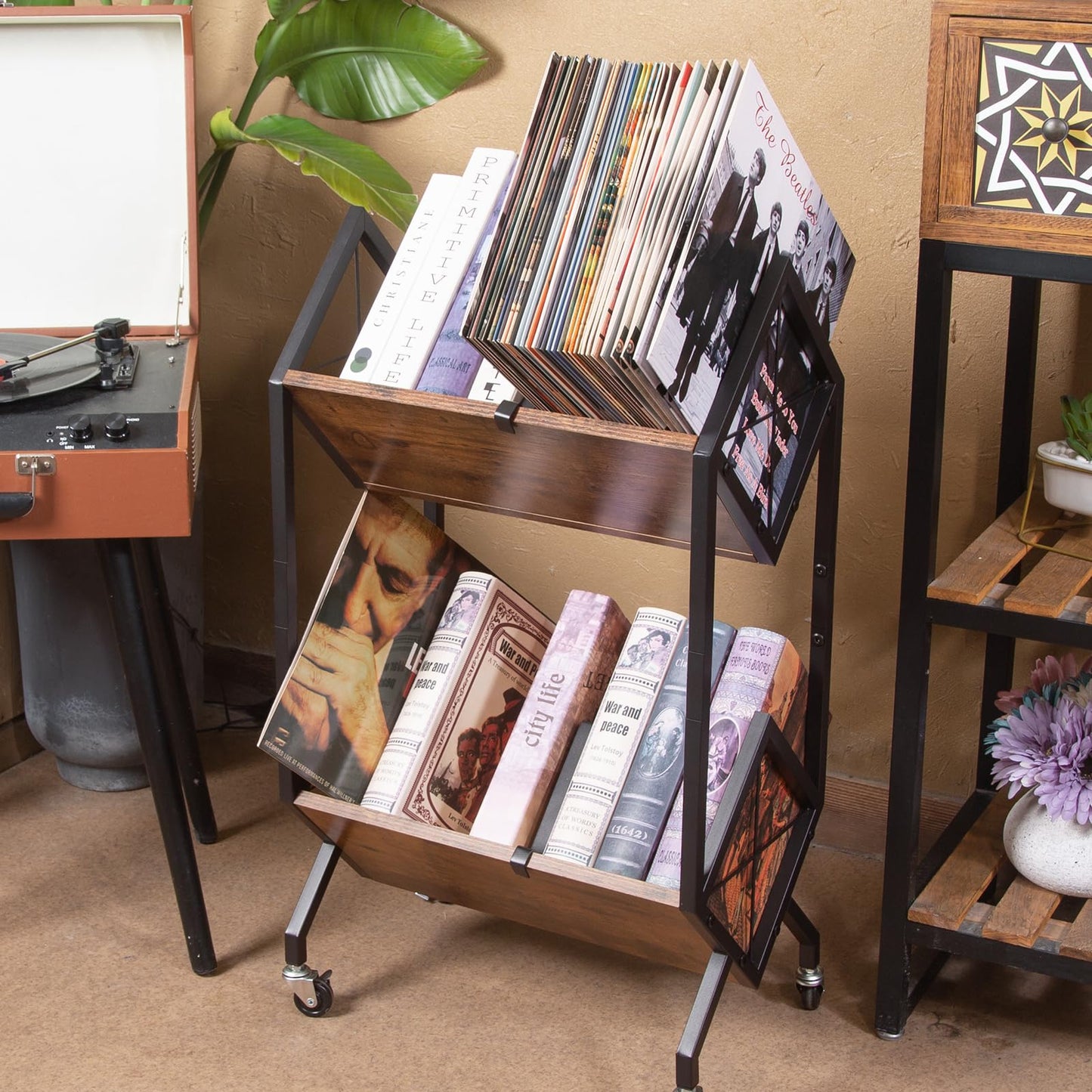 SwaaVee Vinyl Record Storage Holder, Record Holder 80-100 LP with Dividers, Retro Style Quick Assembly Vinyl Record Display for Albums, Magazine, Book, Files
