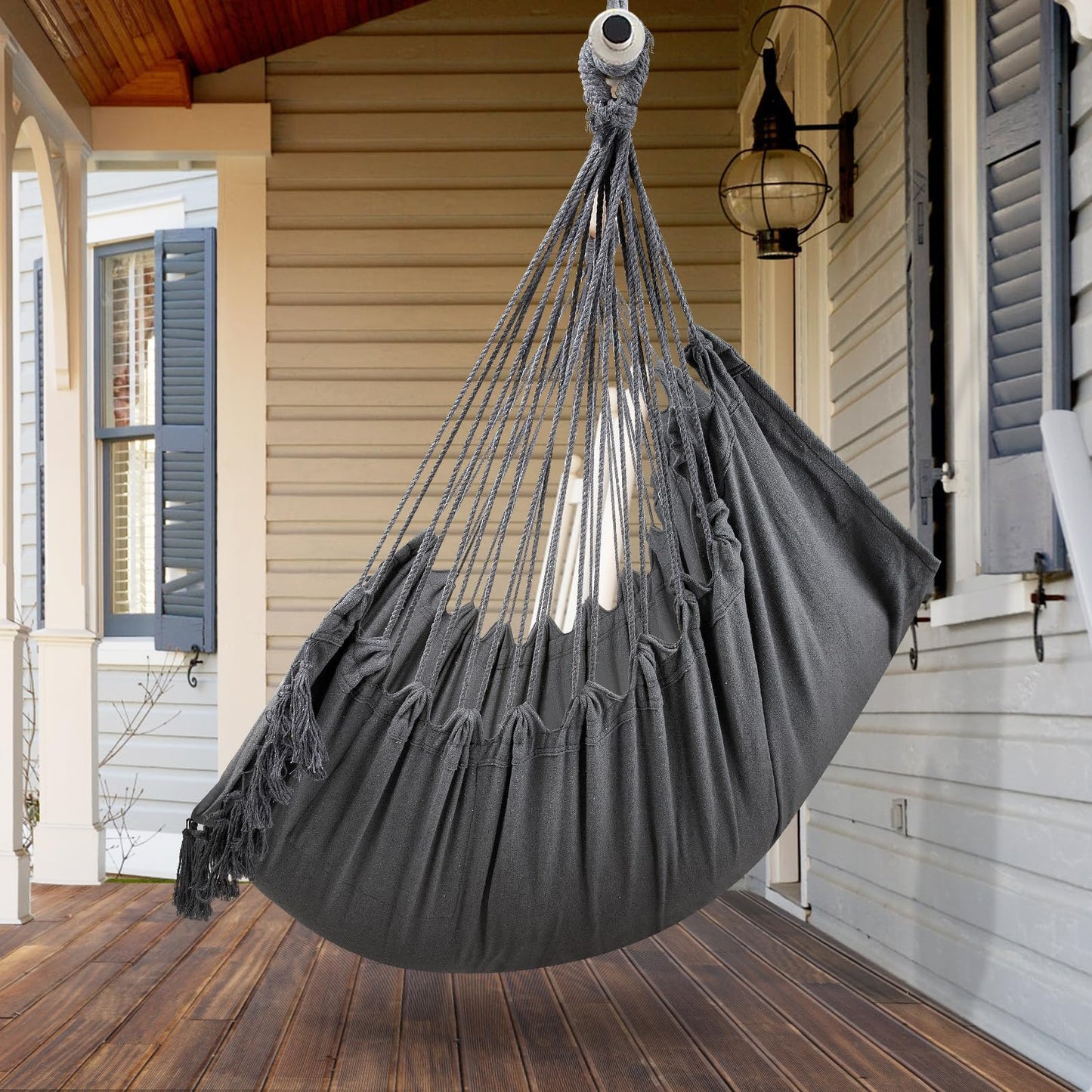 WBHome Extra Large Hammock Chair Swing with Hardware Kit, Hanging Macrame Chair Cotton Canvas, Include Carry Bag & Two Soft Seat Cushions, for Bedroom Indoor Outdoor, Max. Weight 330 Lbs (Grey)